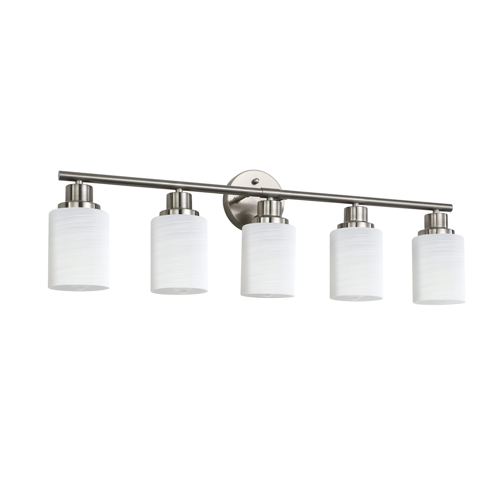 Brushed nickel vanity light with five white textured glass shades modern bathroom fixture