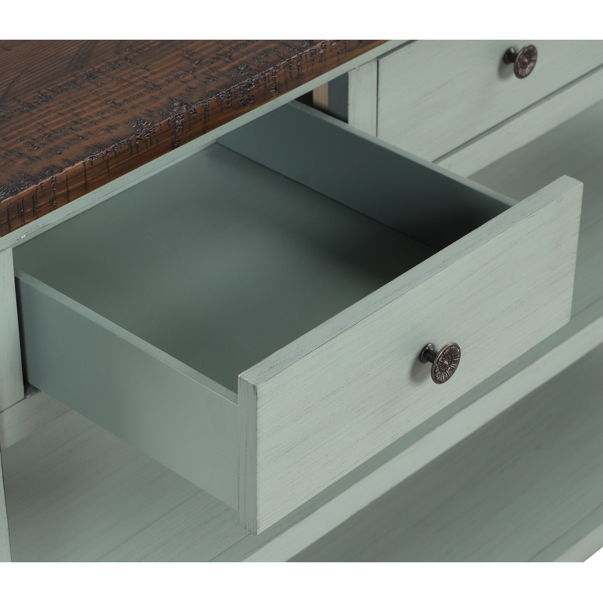 Light blue distressed wood dresser with open drawer showcasing antiqued bronze pull hardware
