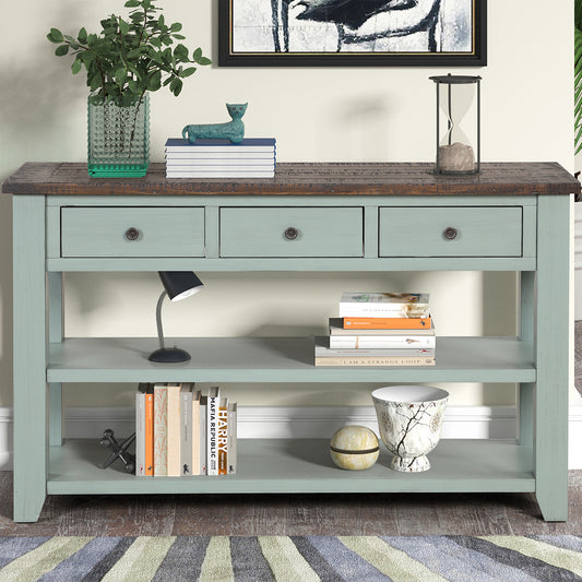 Pale blue wooden console table with distressed wood top and three drawers