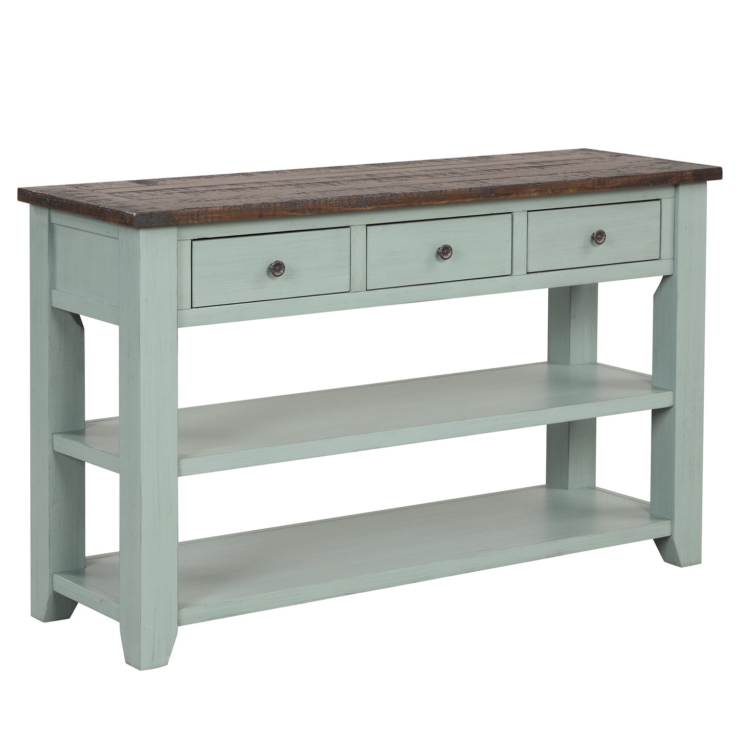 Distressed wood top console table with three drawers in a seafoam green distressed finish