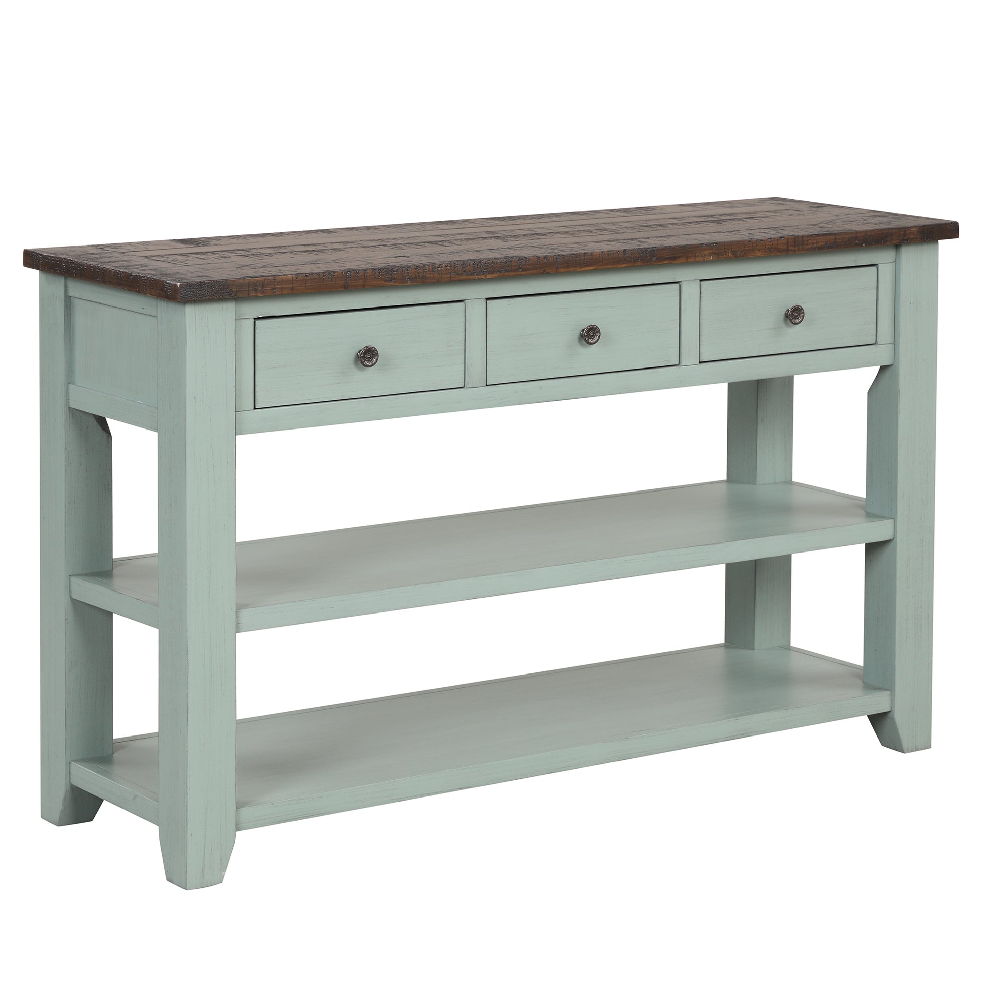 Distressed wood top console table with three drawers in a seafoam green distressed finish