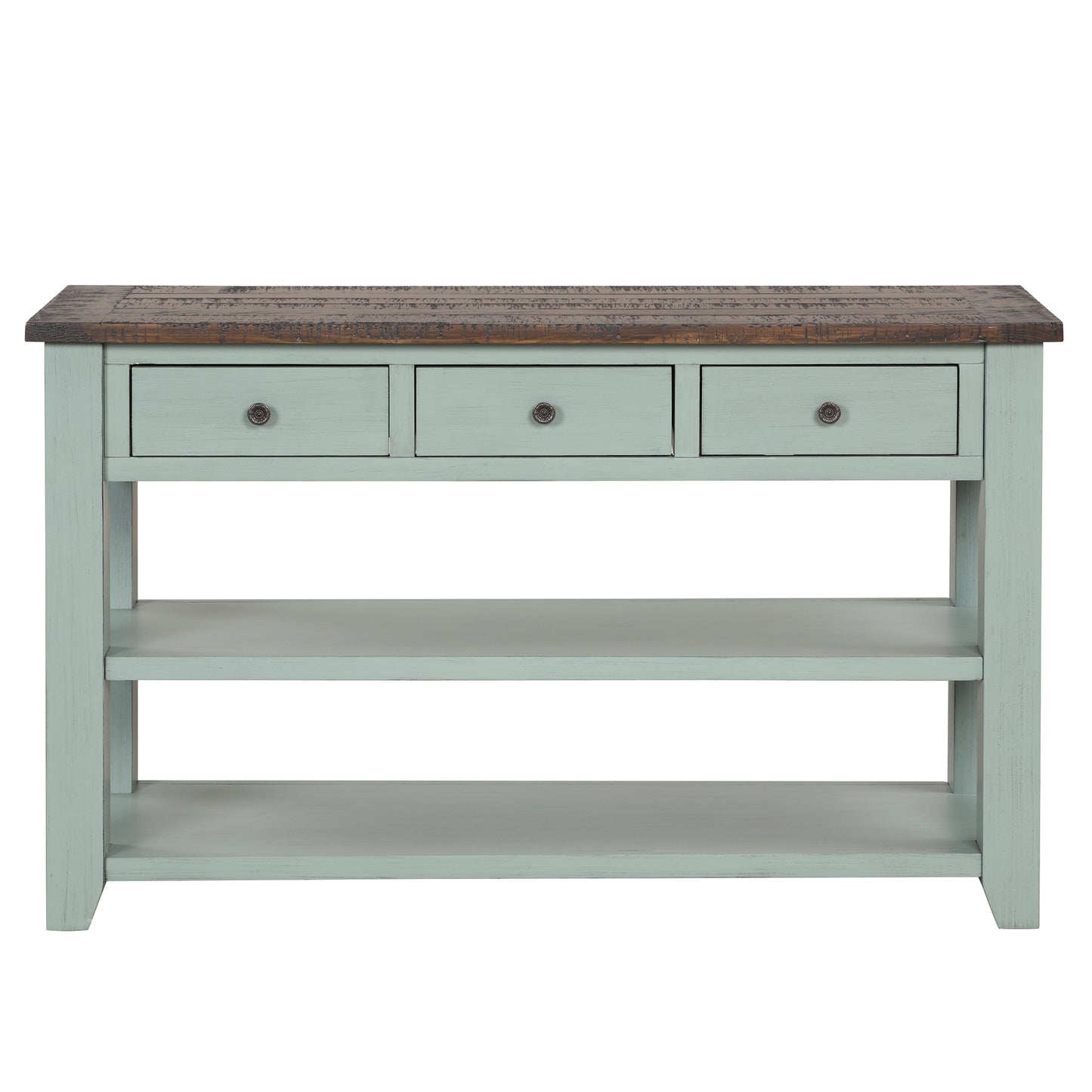 Distressed wood top console table with three pale blue drawers and two open shelves
