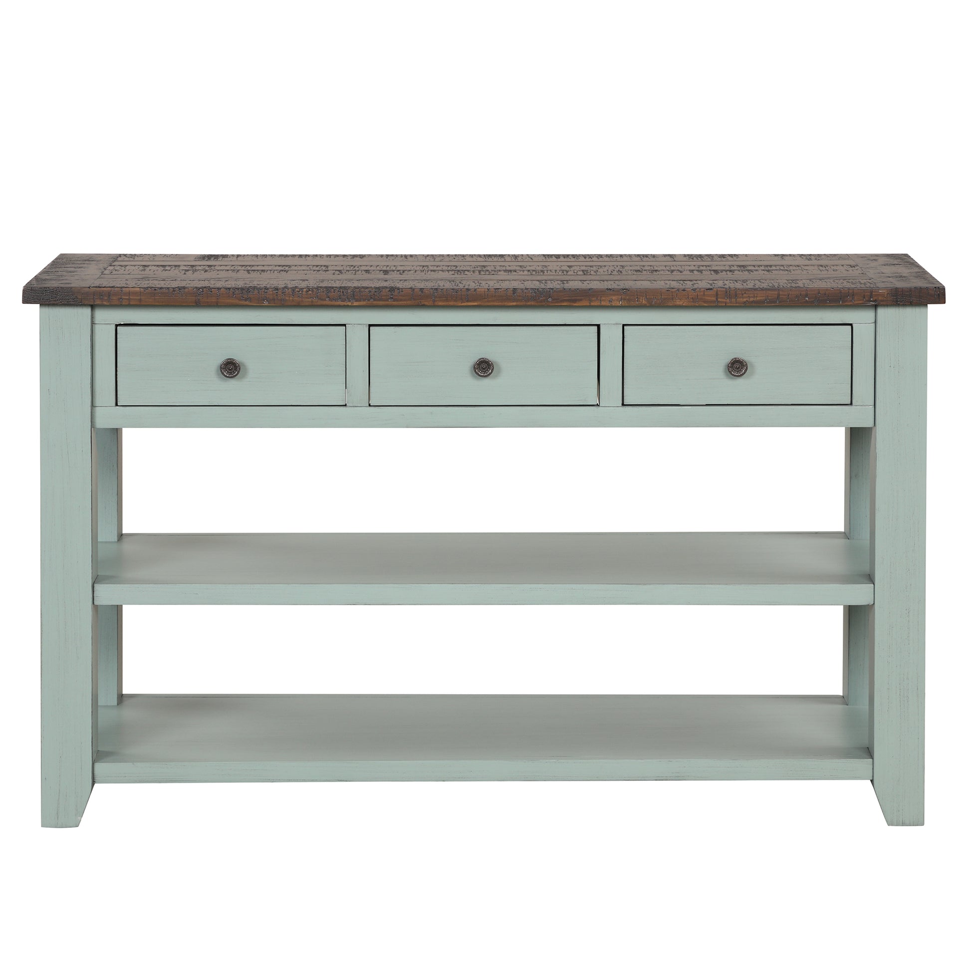 Distressed wood top console table with three pale blue drawers and two open shelves