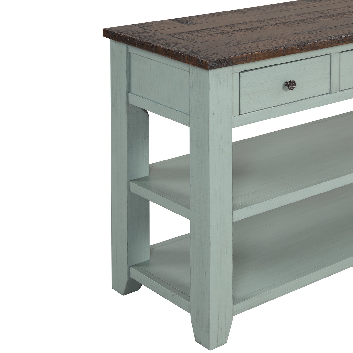 Distressed teal console table with wooden top and open shelves