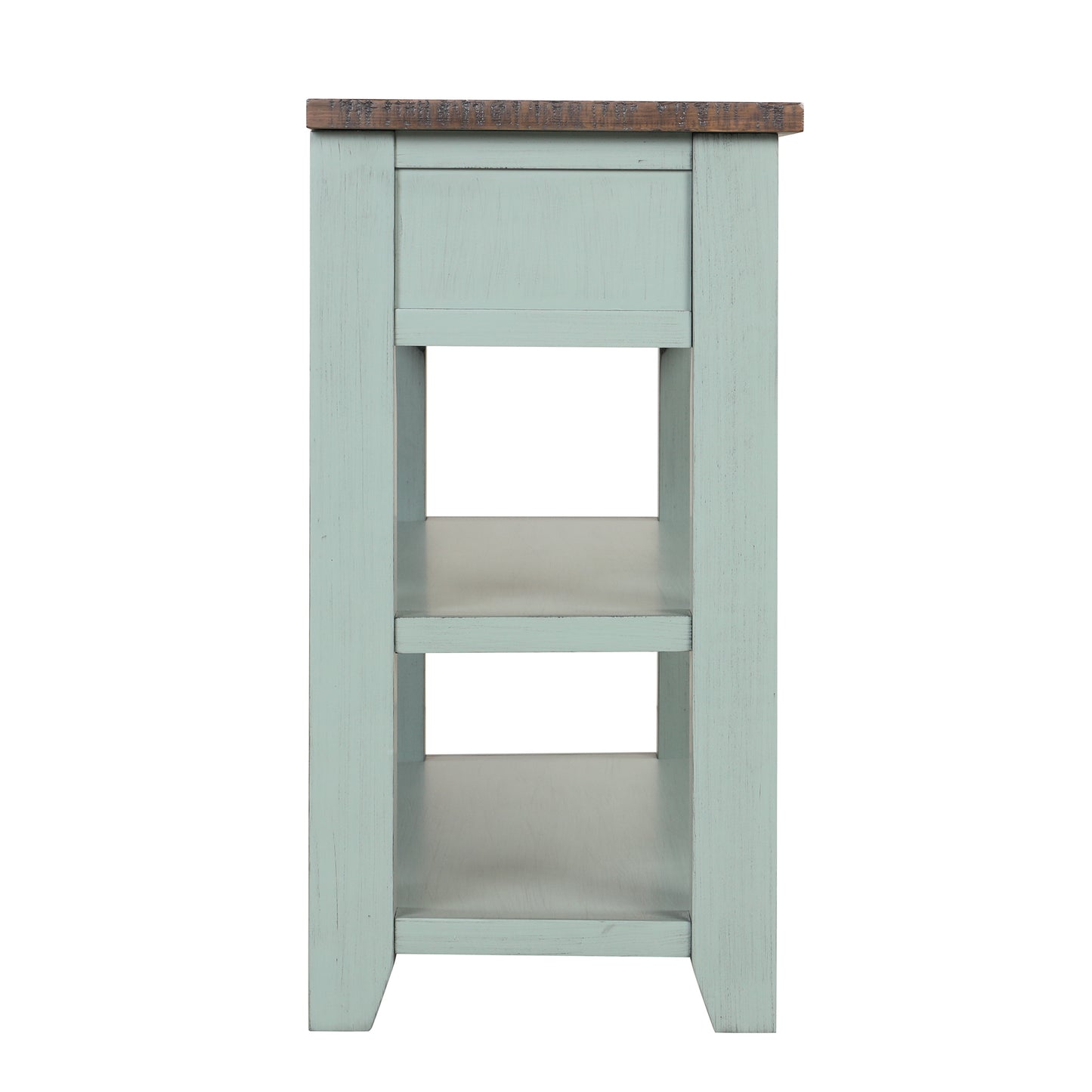 Distressed pale blue console table with a dark wood top and two open shelves for display