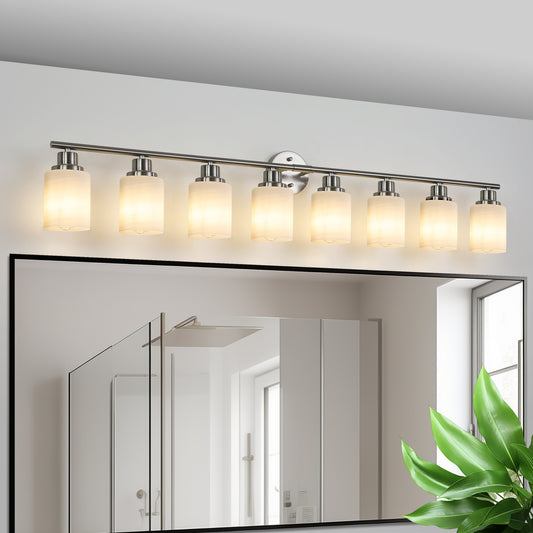 Sleek brushed nickel bathroom vanity light with seven frosted glass shades