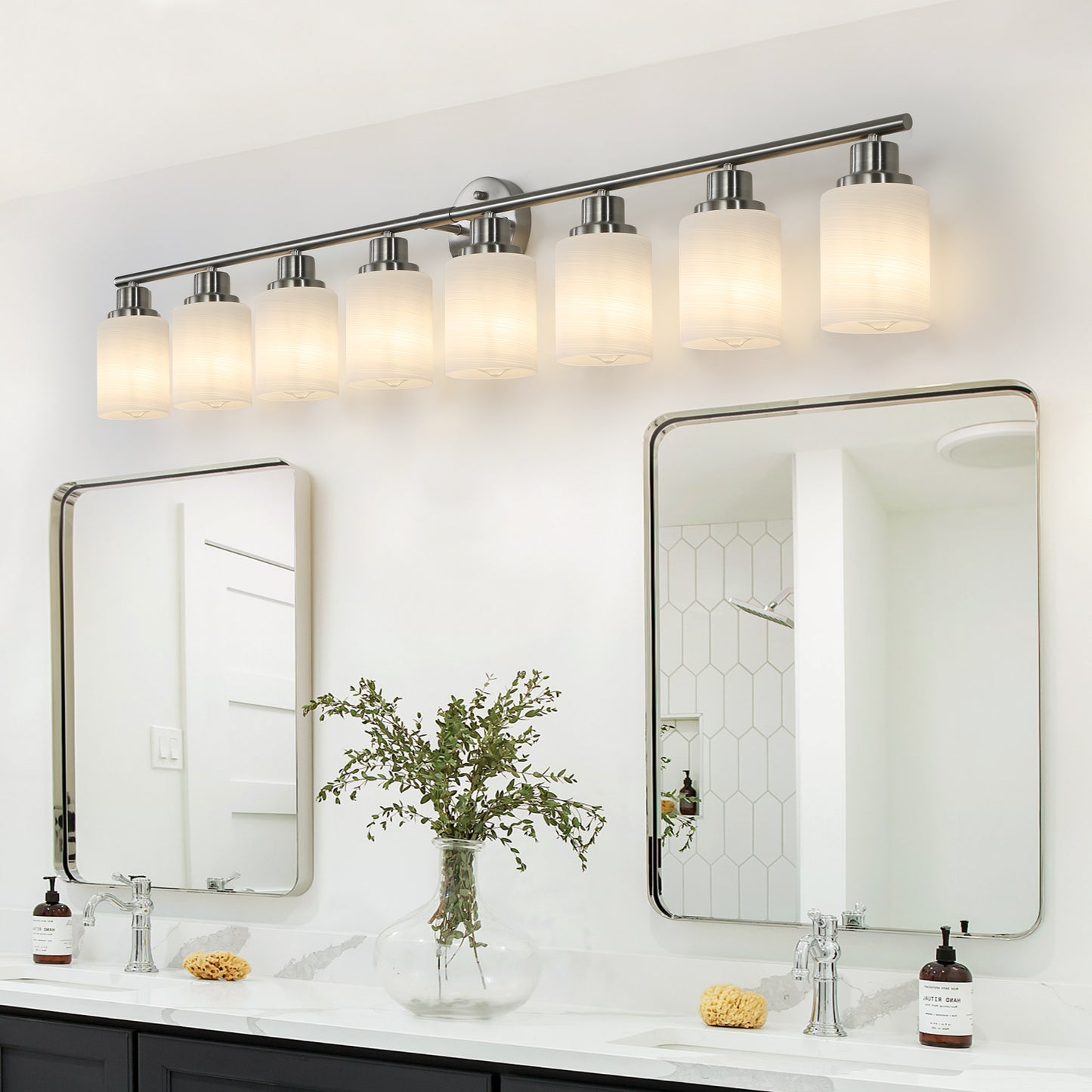 Brushed nickel bathroom vanity light fixture with five ribbed frosted glass shades