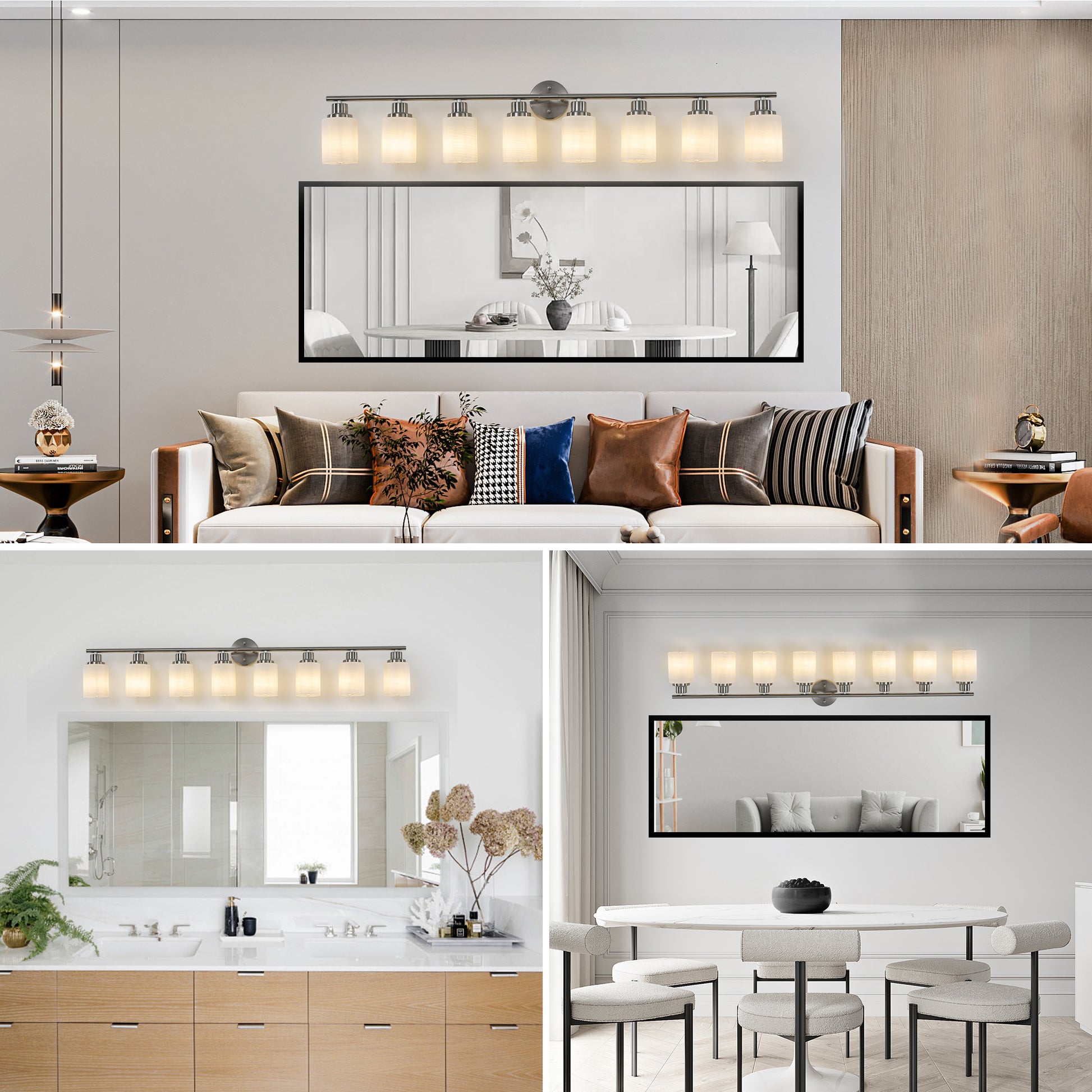 Brushed nickel vanity light fixture with  frosted glass shades above a modern bathroom mirror