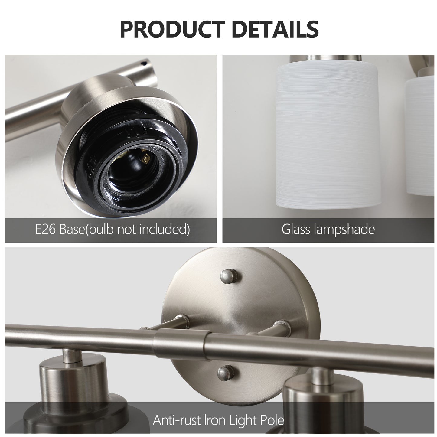 Brushed nickel E socket detail for modern vanity lighting