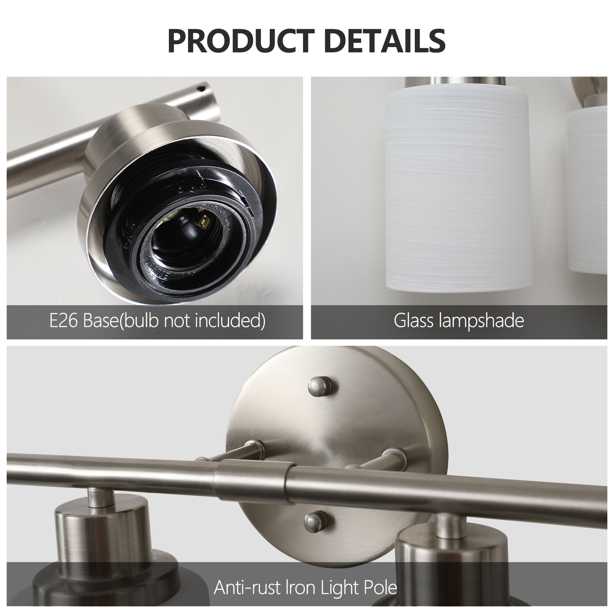 Brushed nickel E socket detail for modern vanity lighting