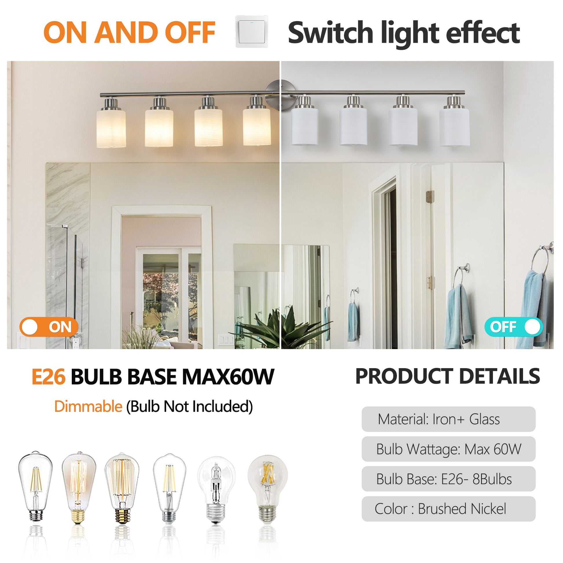 Brushed nickel vanity light fixture with five frosted glass shades casting warm light