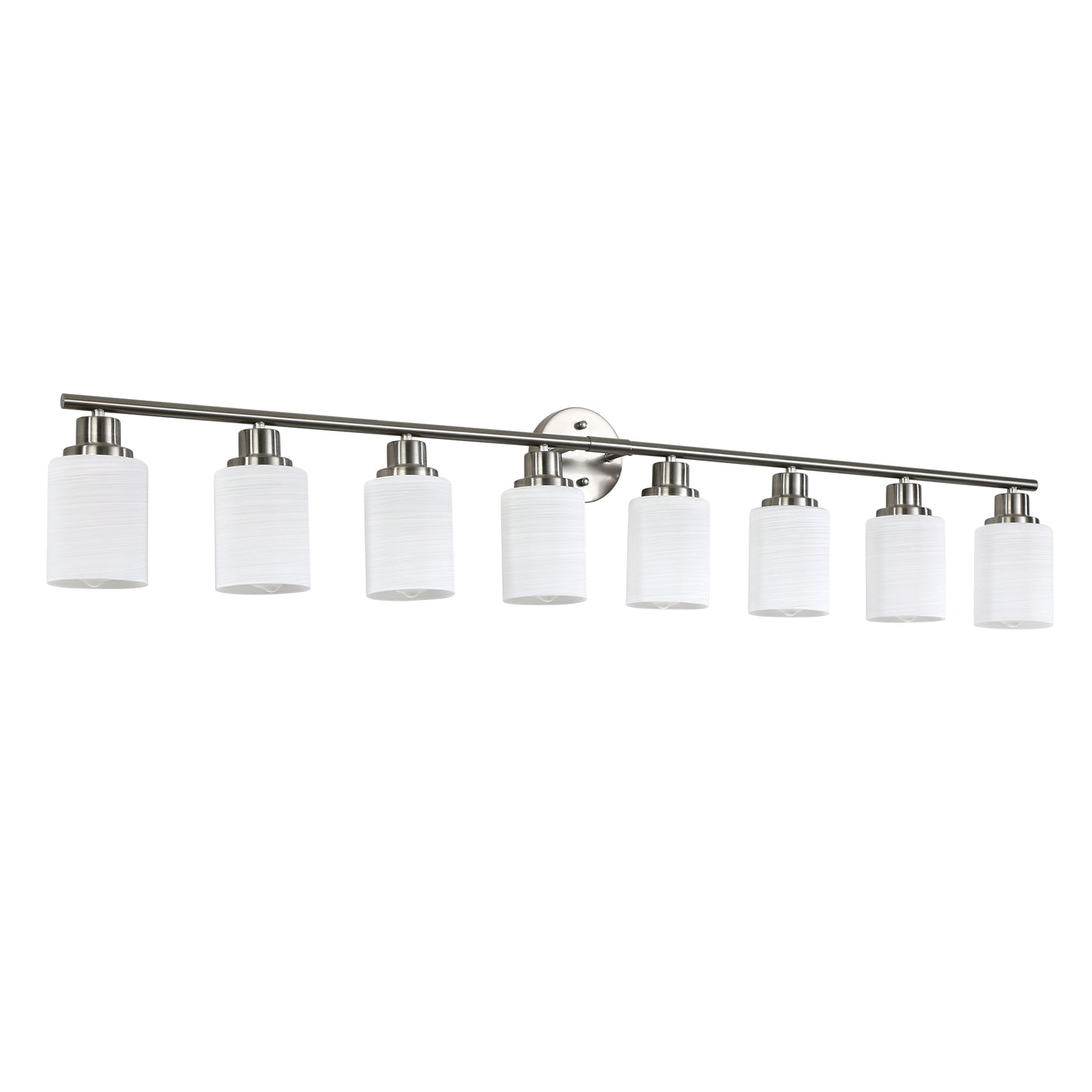 Modern brushed nickel vanity light with seven white textured glass shades