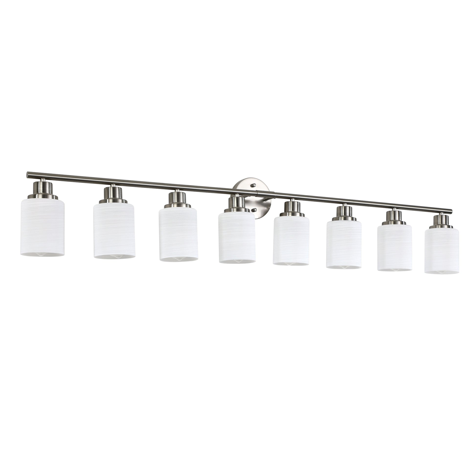 Modern brushed nickel vanity light with seven white textured glass shades