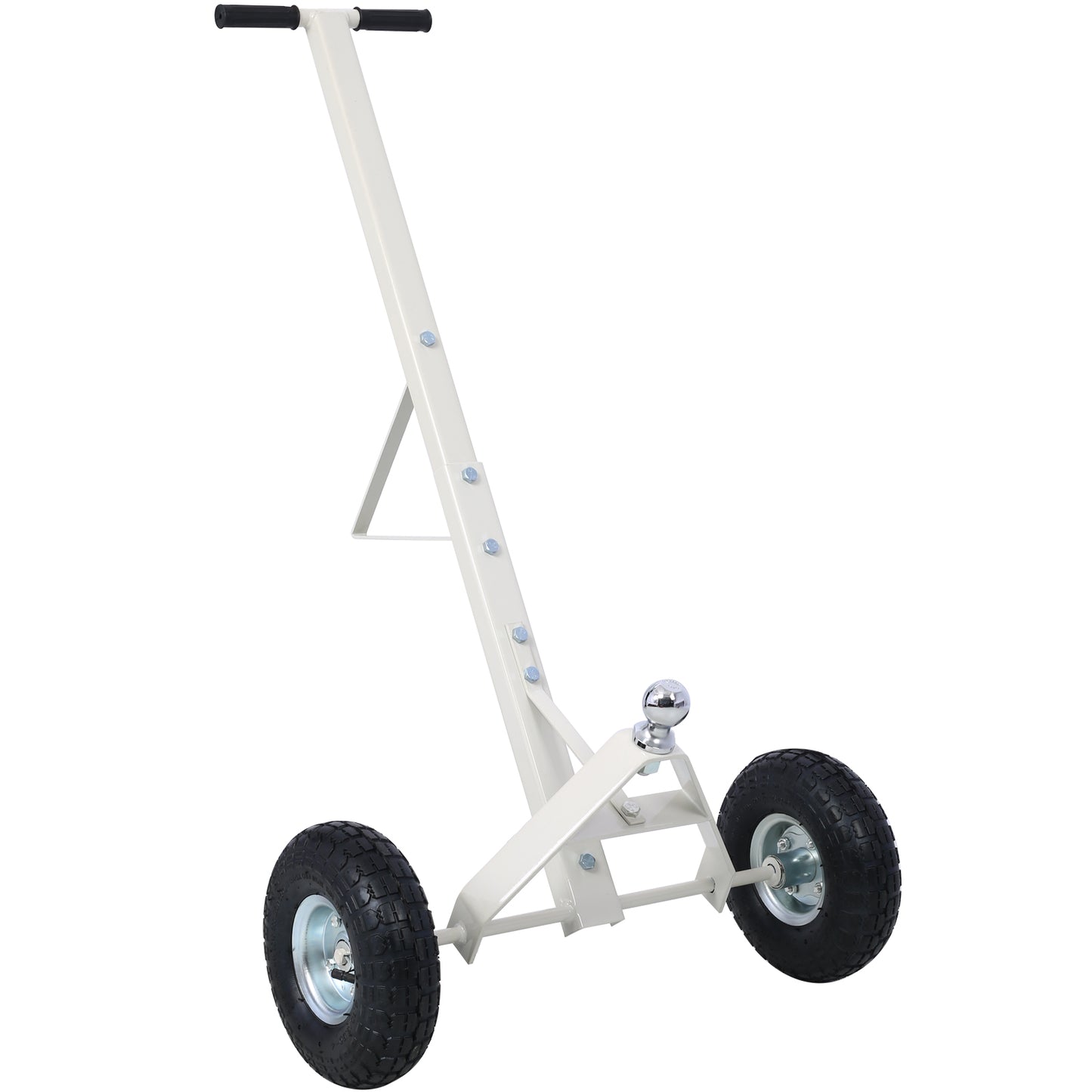 White steel trailer jack stand with dual pneumatic tires and hitch ball