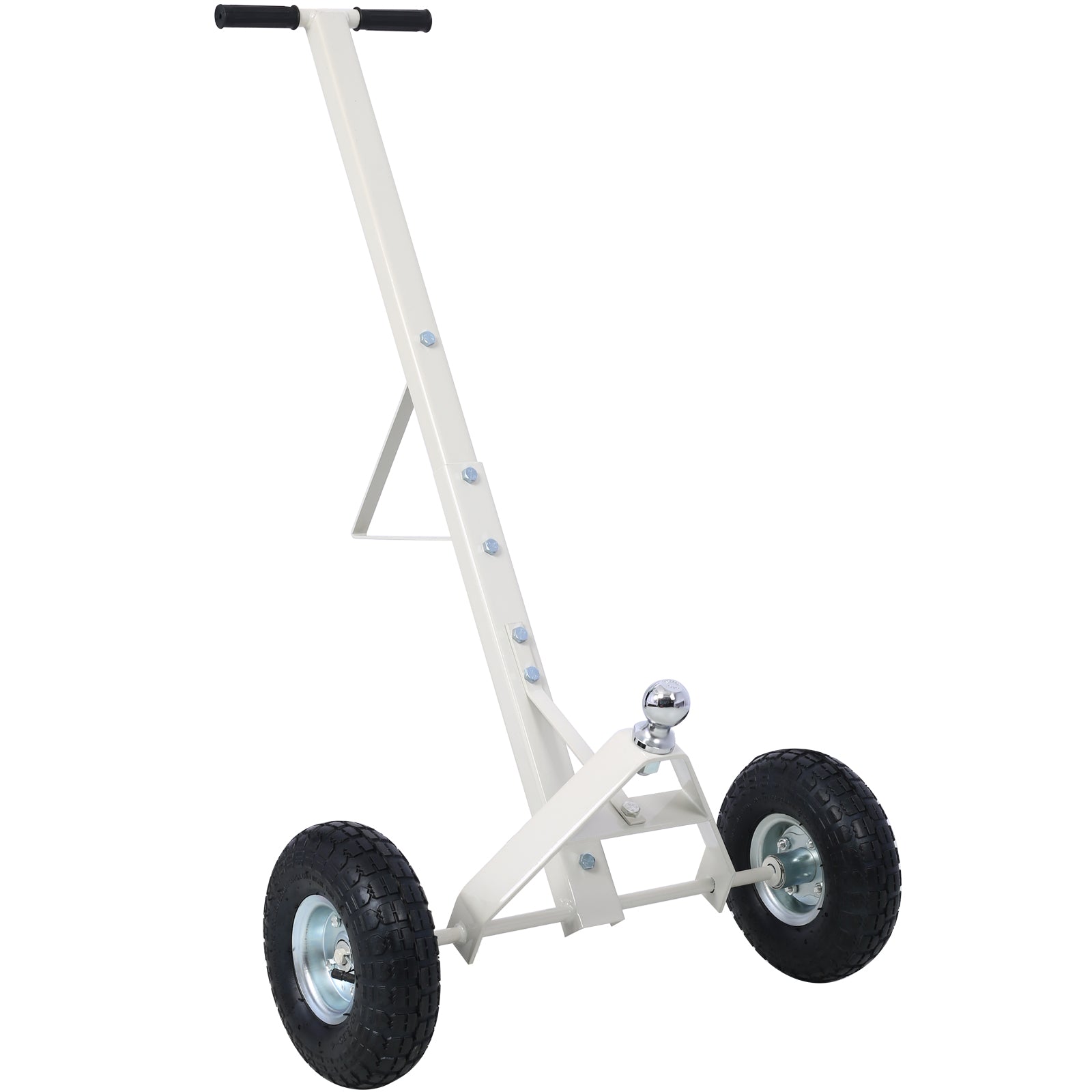 White steel trailer jack stand with dual pneumatic tires and hitch ball
