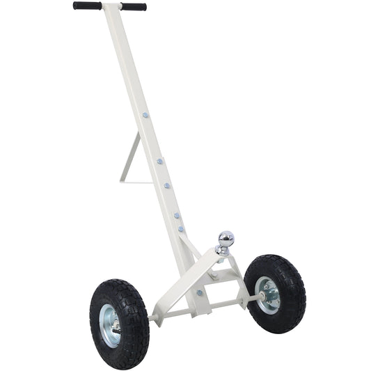 White steel trailer jack stand with dual pneumatic tires and hitch ball
