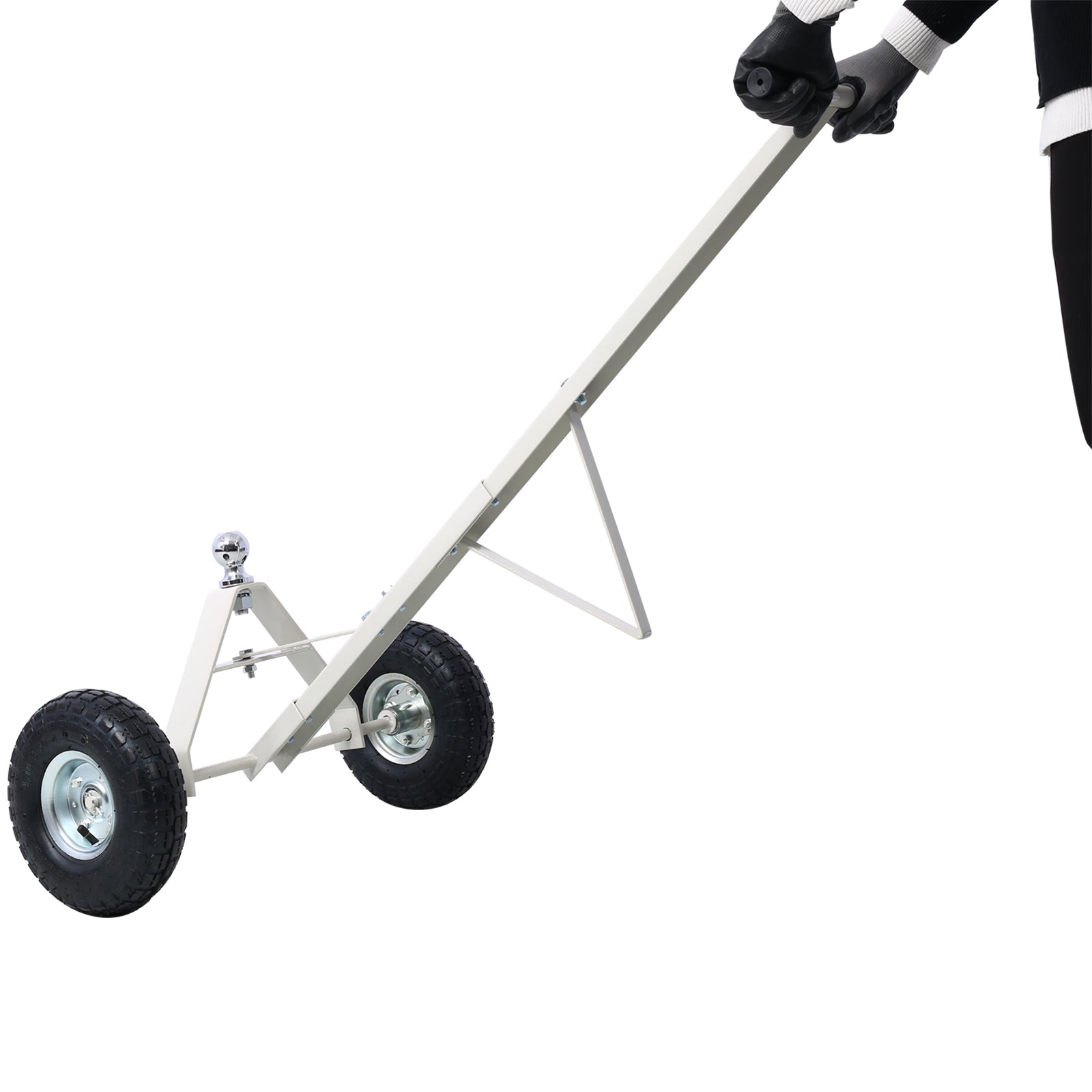 White metal trailer dolly with two large pneumatic tires and chrome ball hitch