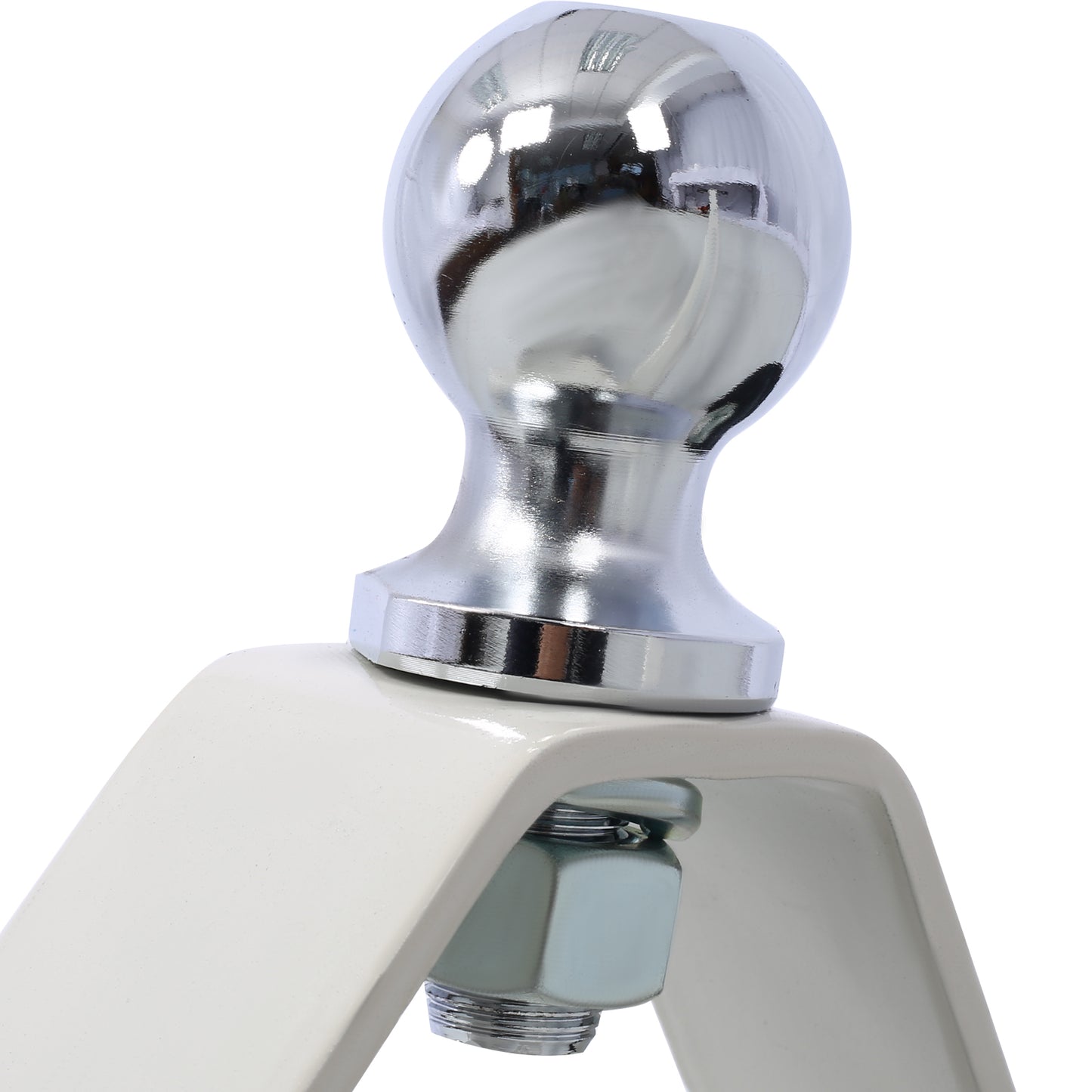 Chrome trailer hitch ball secured to a white metal bracket with a hex nut