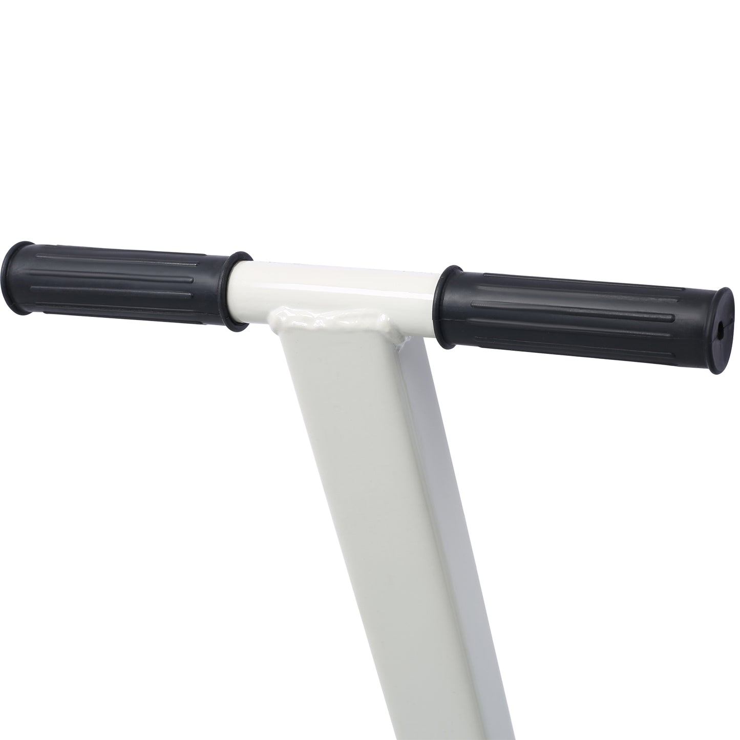 White metal frame with black rubber grip handlebars for a mobility aid