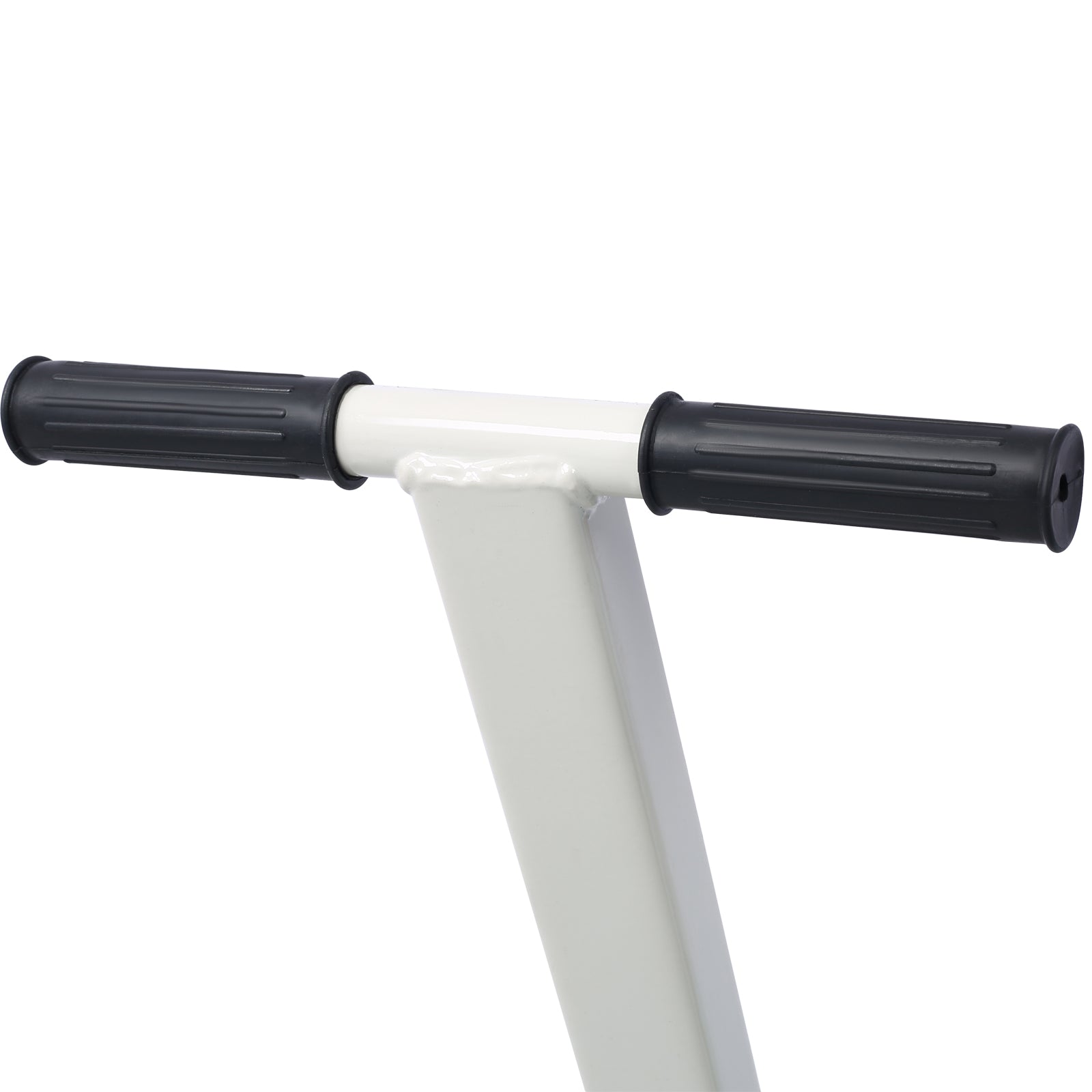 White metal frame with black rubber grip handlebars for a mobility aid