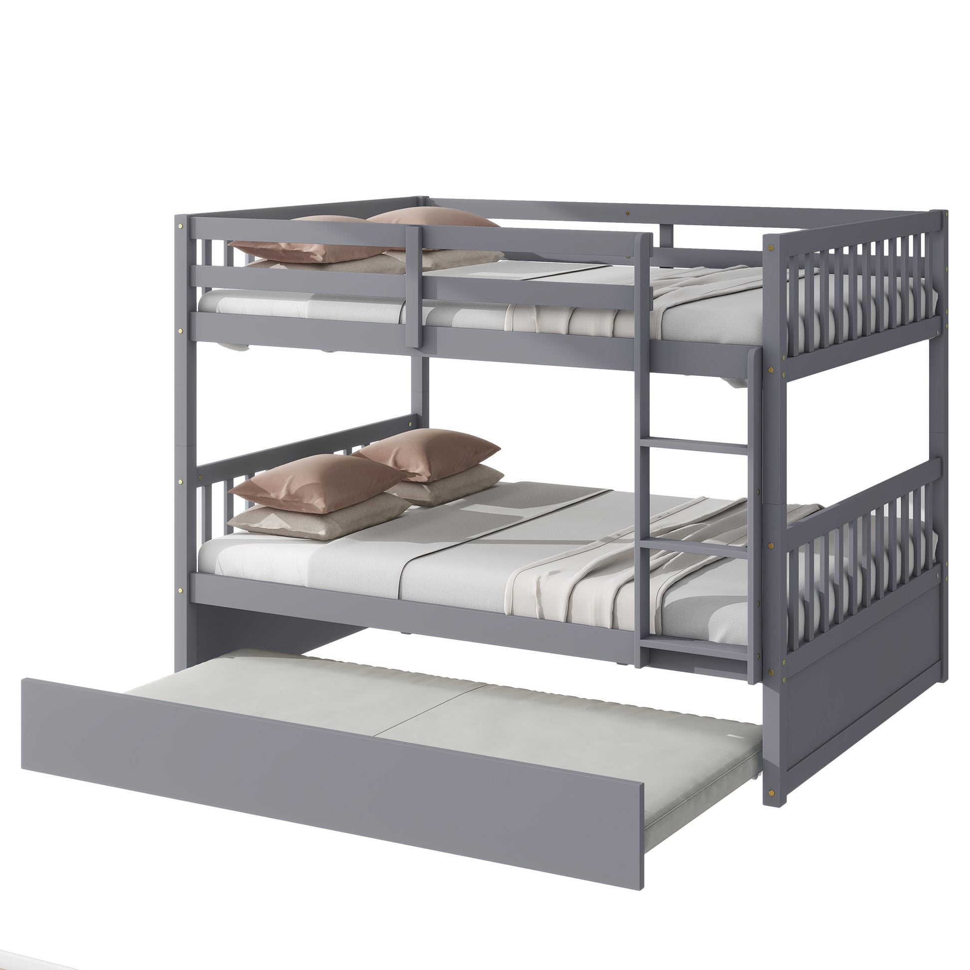 Gray wooden bunk bed with three beds and a ladder for kids