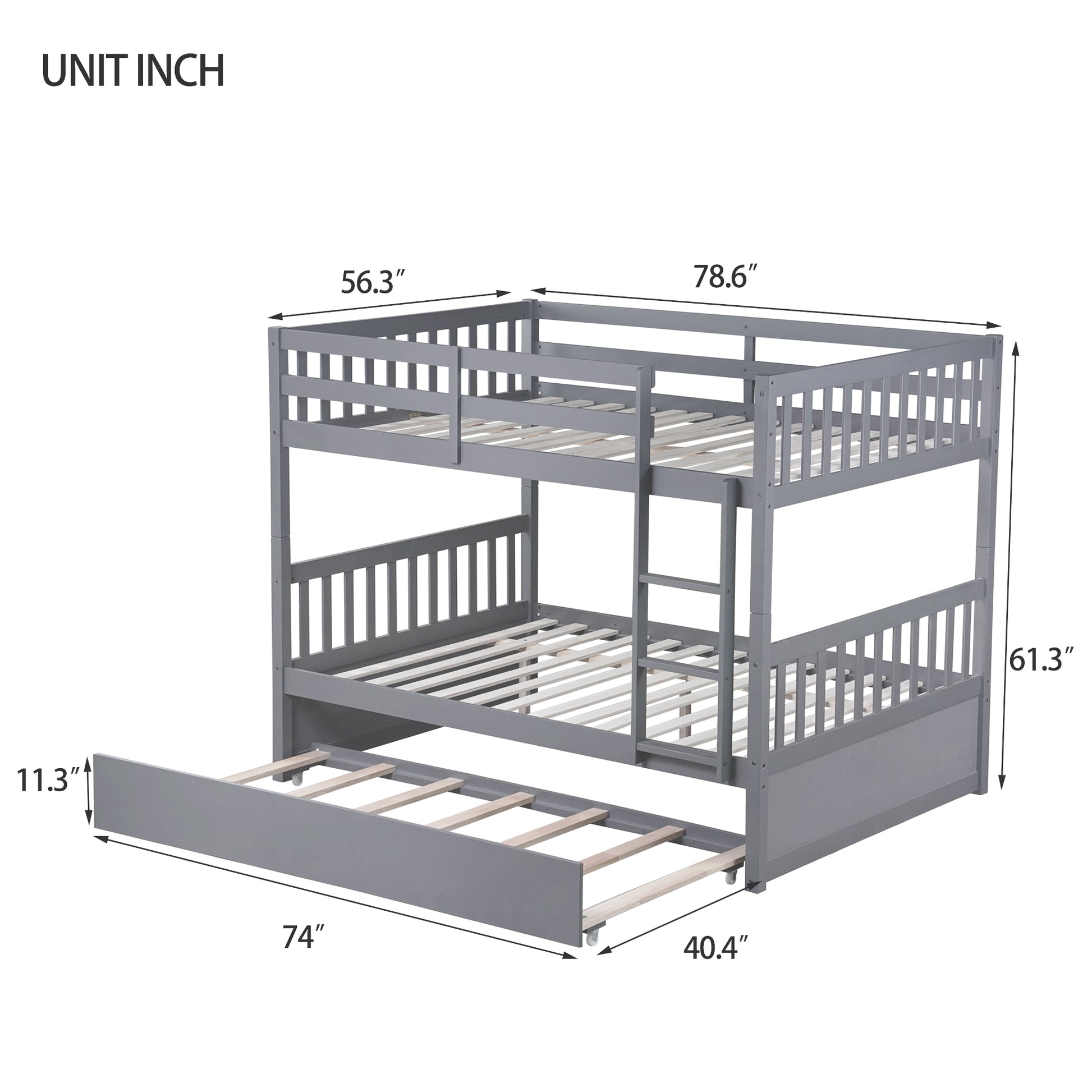 Gray wooden bunk bed with pullout trundle measuring  L x  W x  H