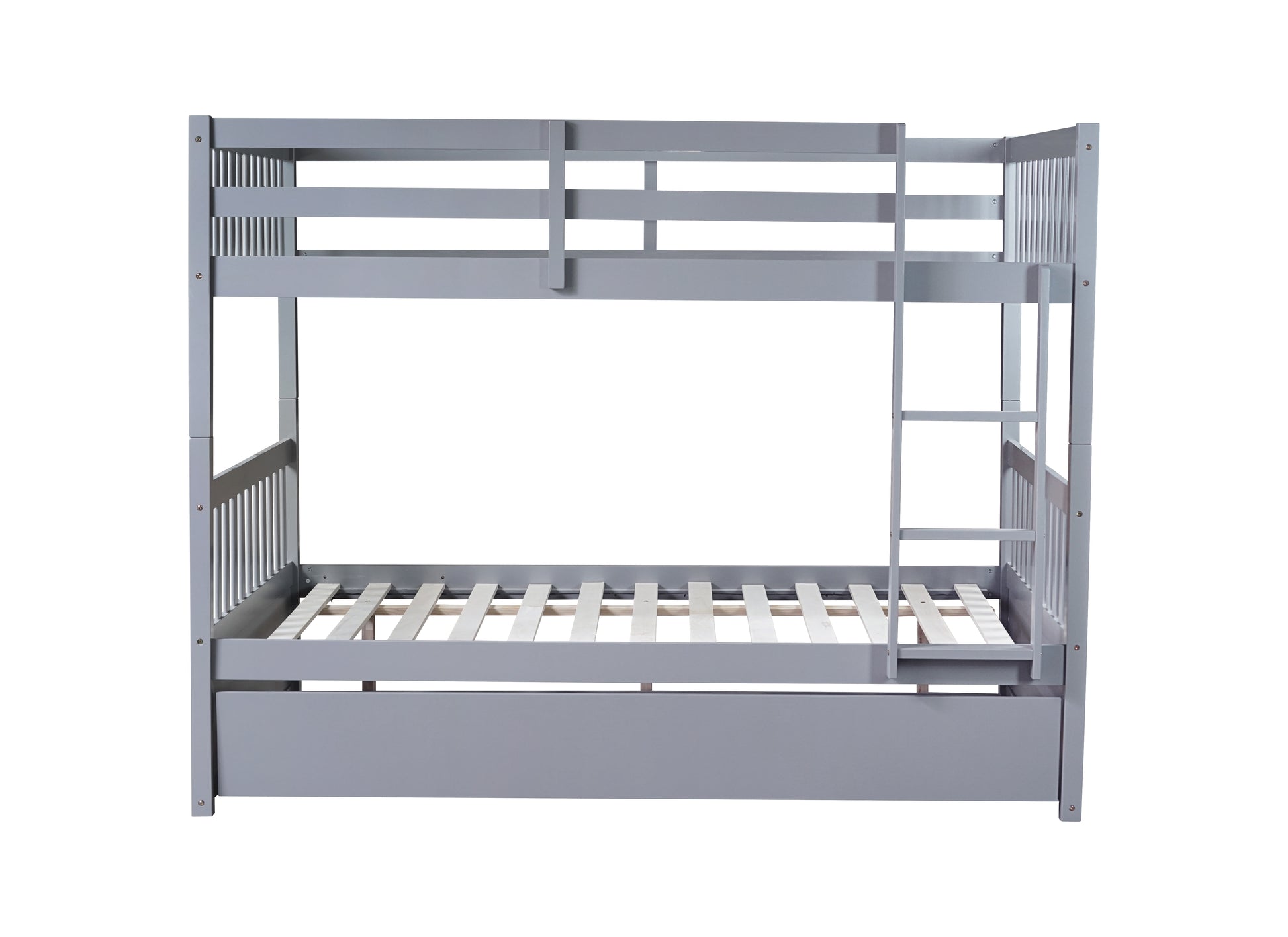 Gray wooden bunk bed with ladder