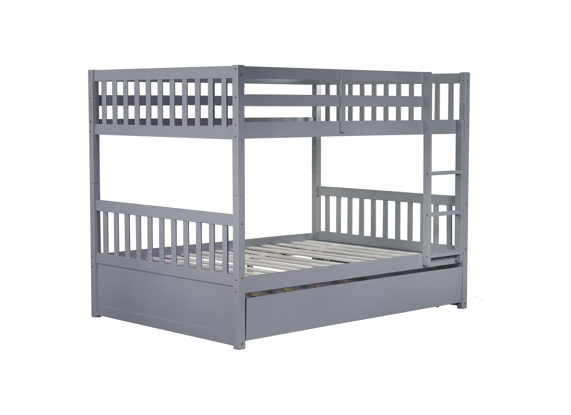 Gray wooden bunk bed with pullout trundle