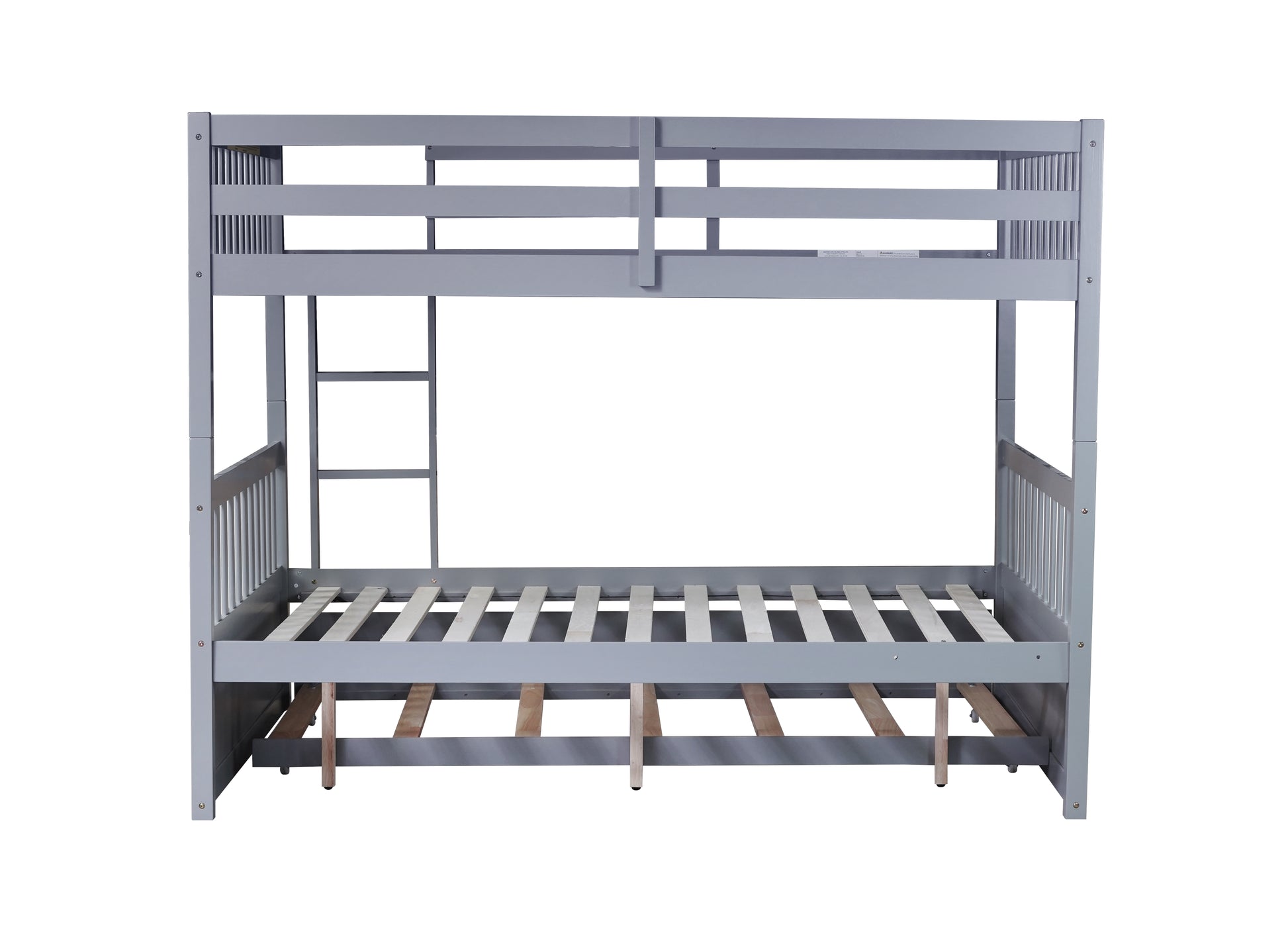 Gray wooden bunk bed with ladder