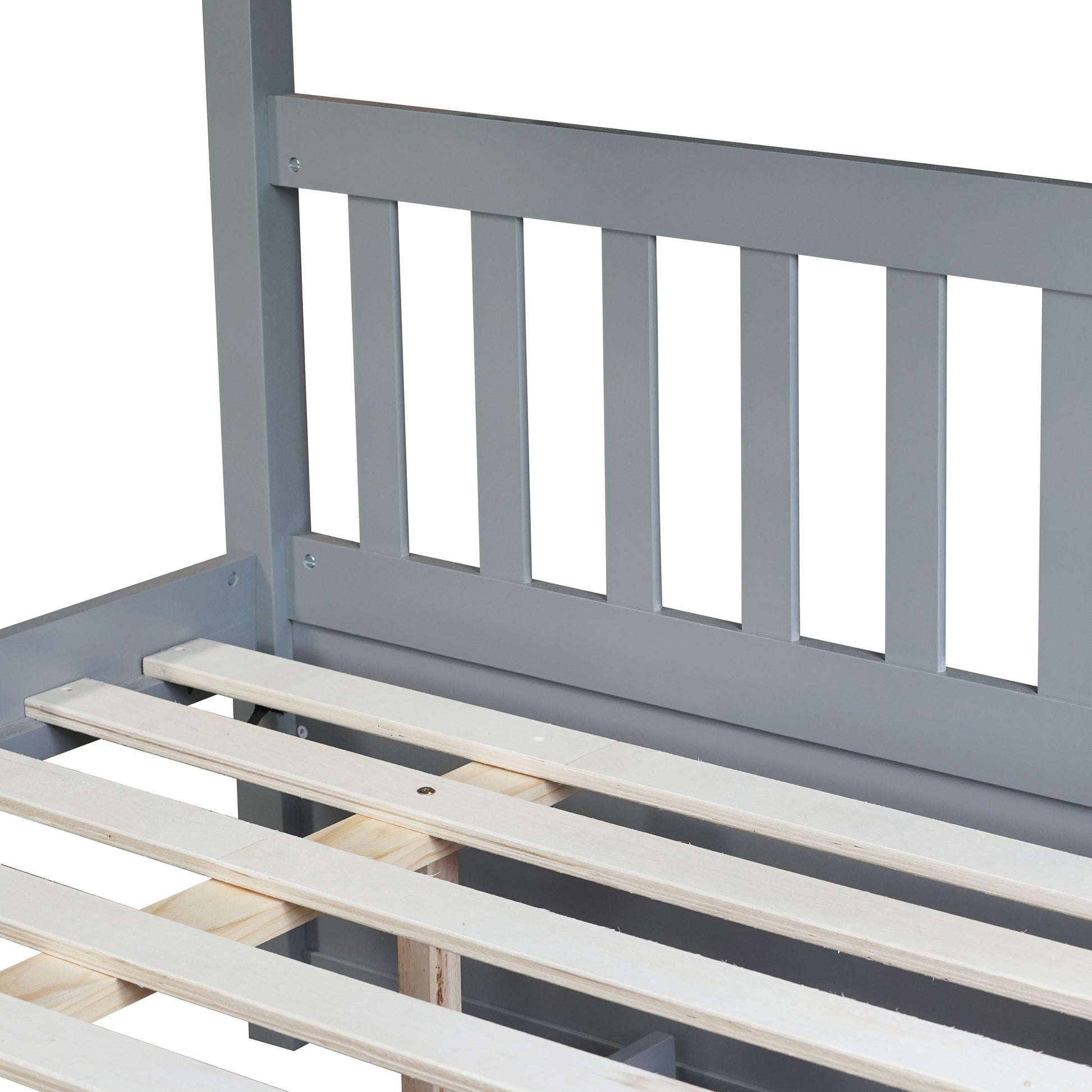 Gray wooden bed frame with slatted base