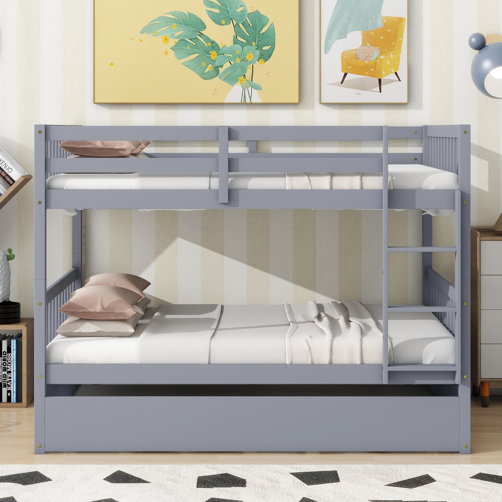 Gray wooden twin over twin bunk bed with pullout trundle