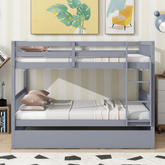 Gray wooden twin over twin bunk bed with pullout trundle