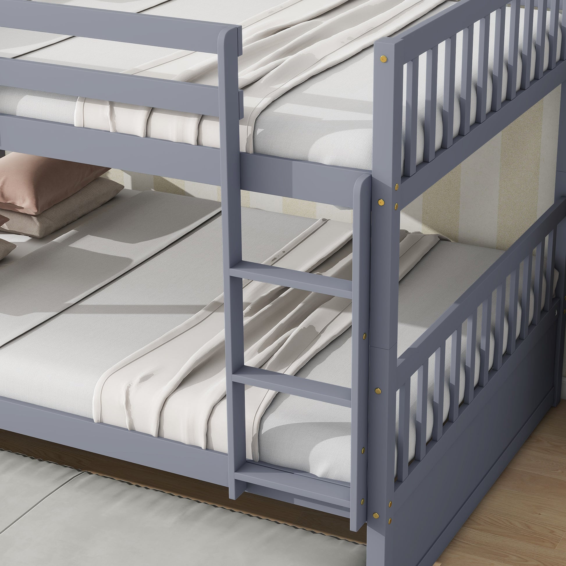 Gray wooden bunk bed with white linens and pillows