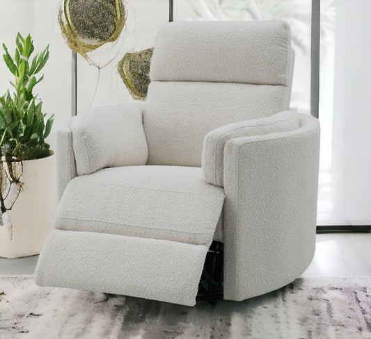 Plush cream boucle fabric swivel recliner armchair with extended footrest for ultimate relaxation