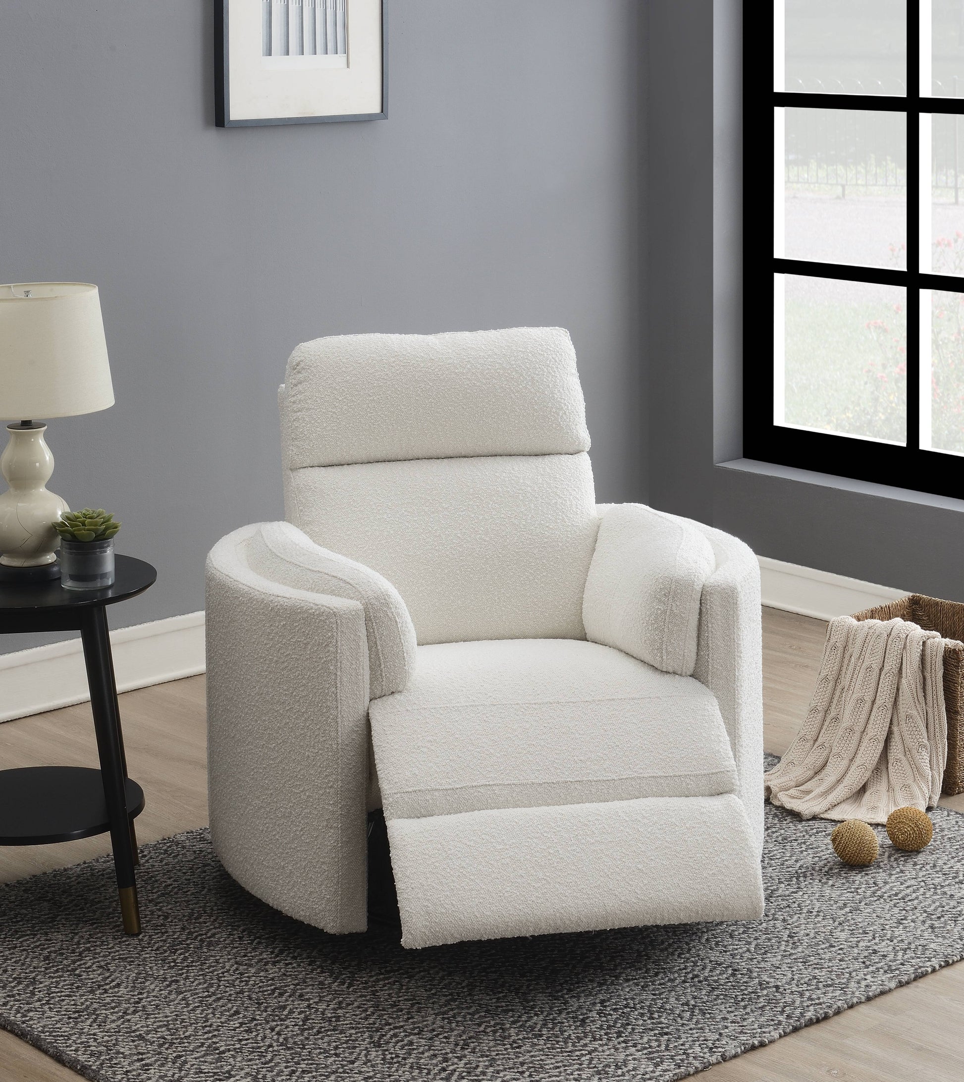 Cream textured fabric recliner chair with plush cushioning and wide arms