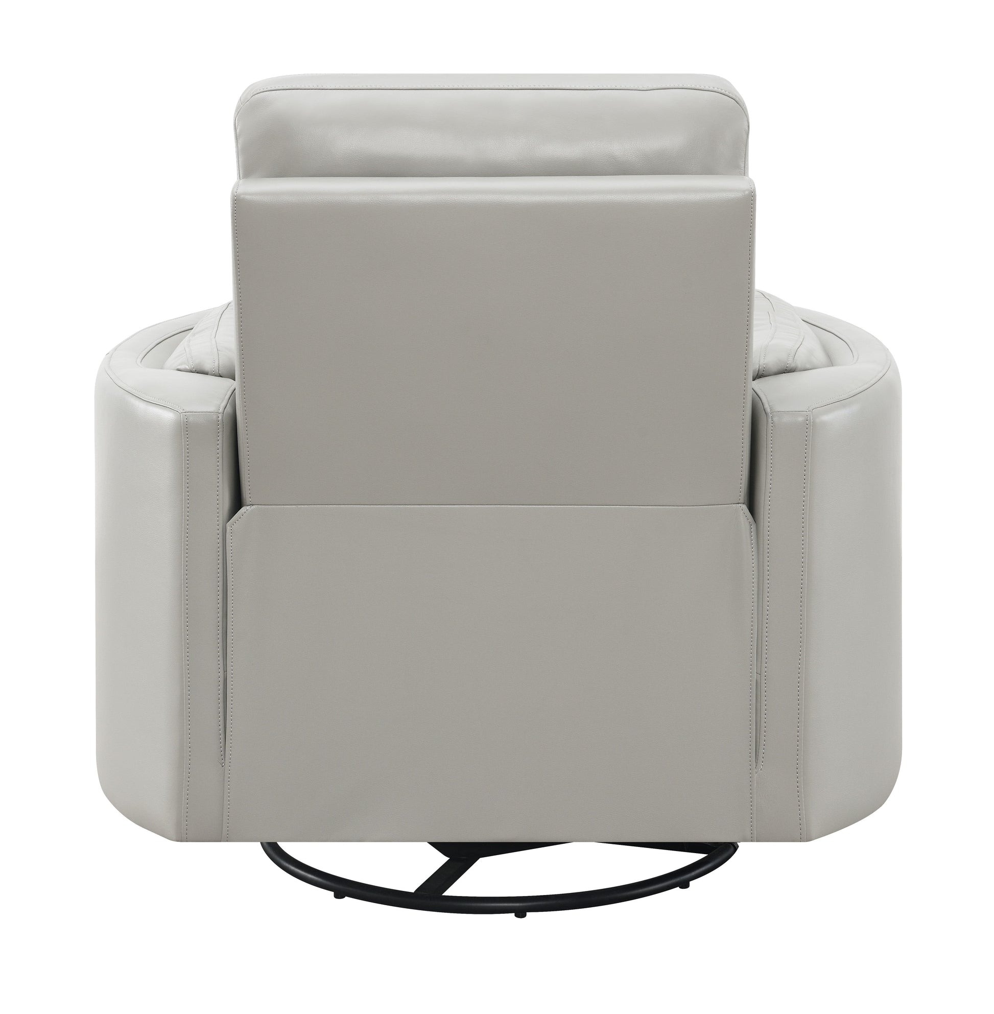 Modern grey leather swivel recliner chair with padded backrest and armrests
