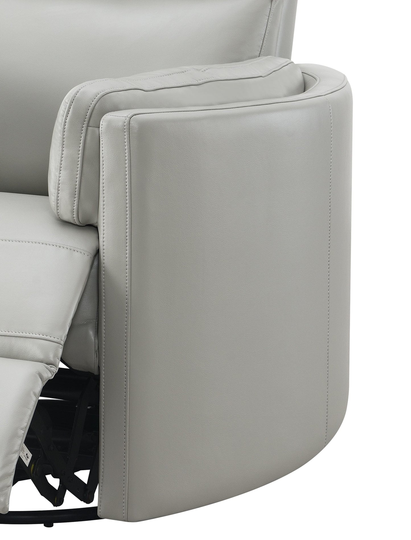 Closeup of grey leather recliner armrest with detailed stitching and visible reclining mechanism