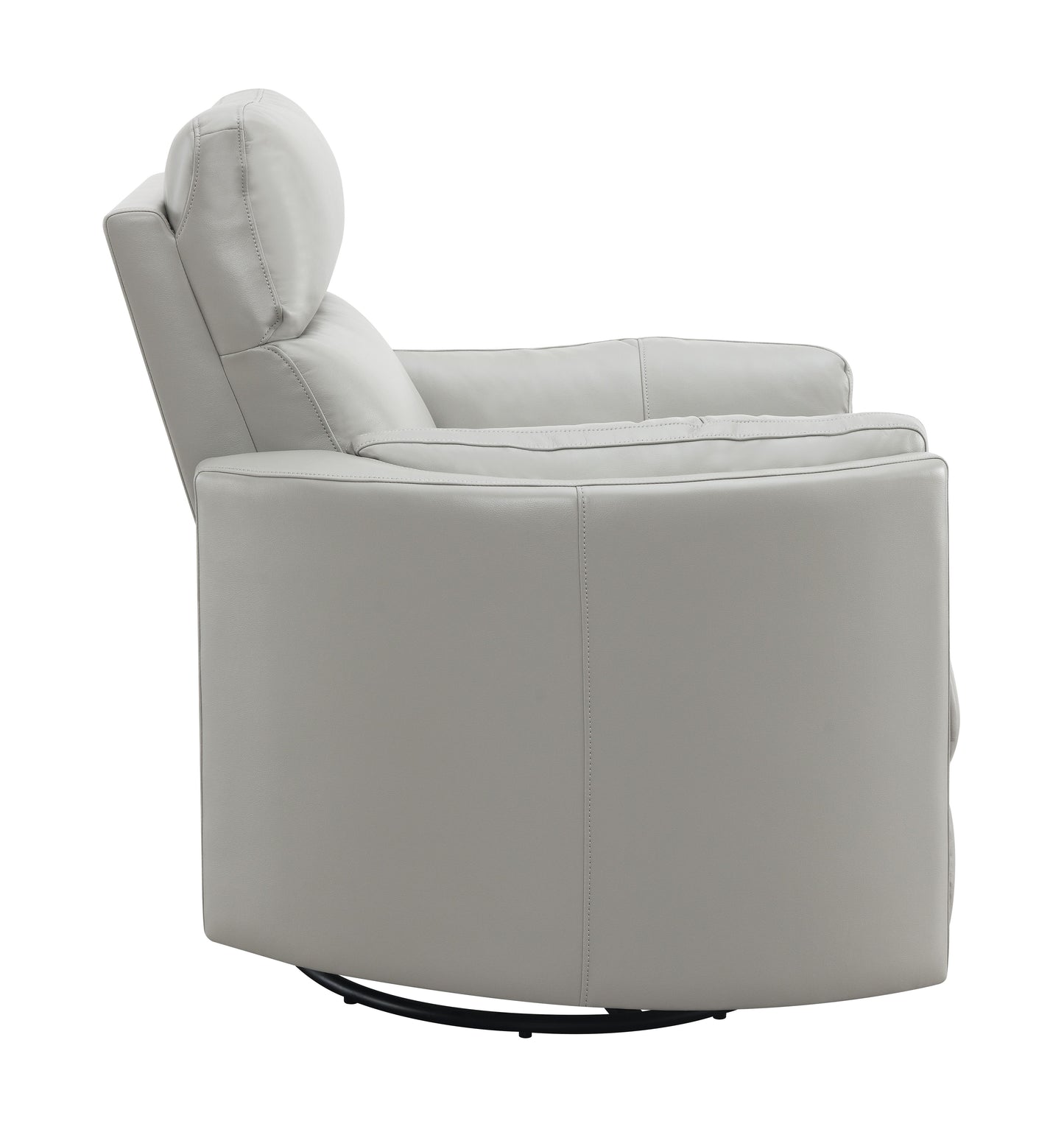 Light gray leather swivel recliner with plush headrest and padded arms