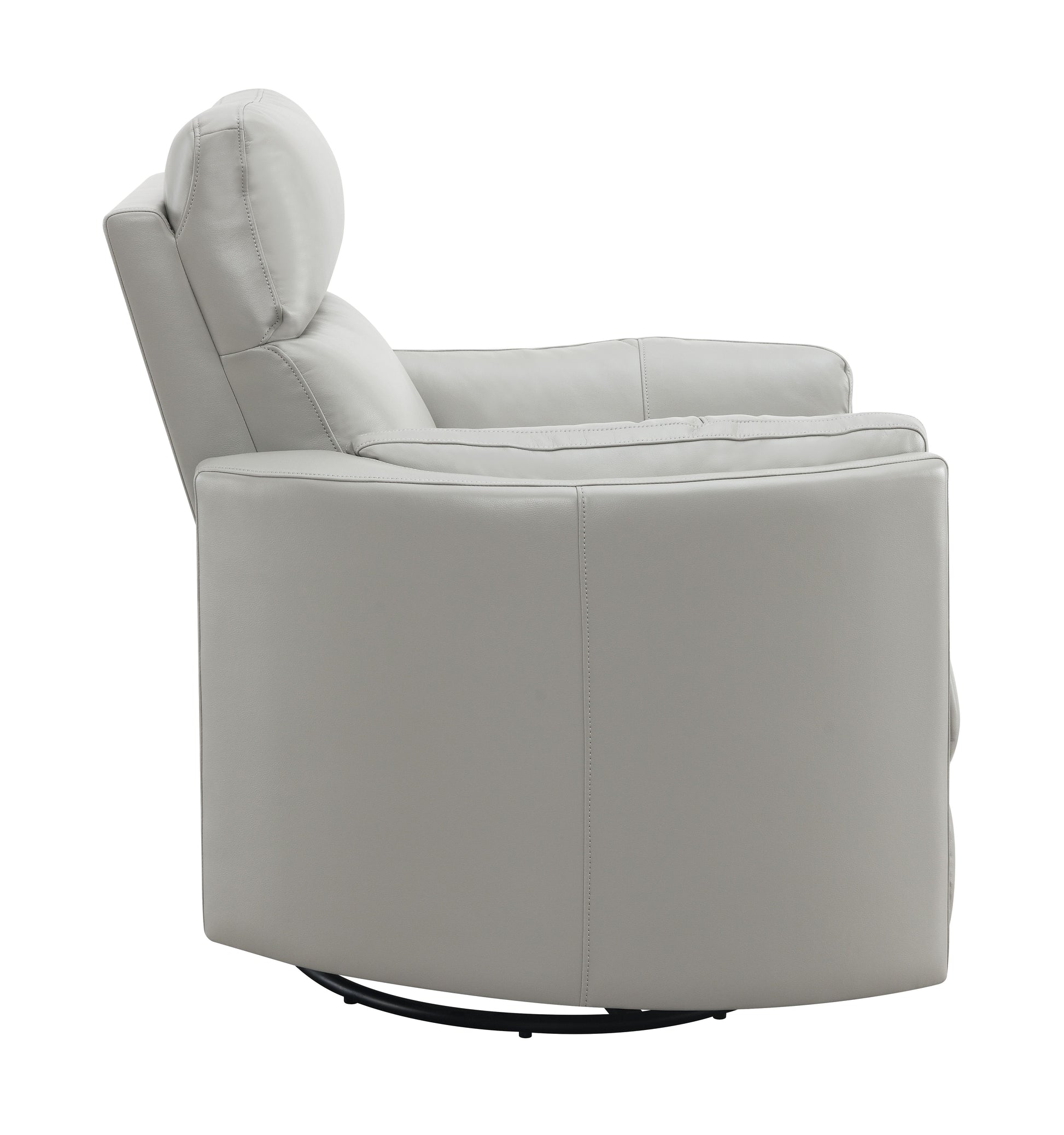 Light gray leather swivel recliner with plush headrest and padded arms