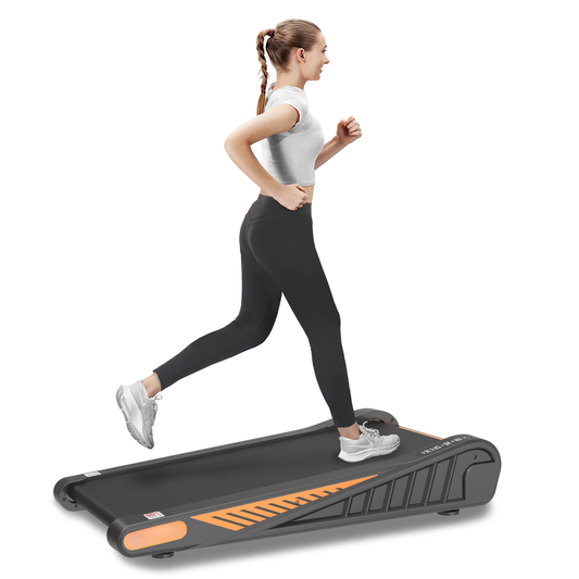 Compact folding treadmill with an orange accent perfect for home cardio