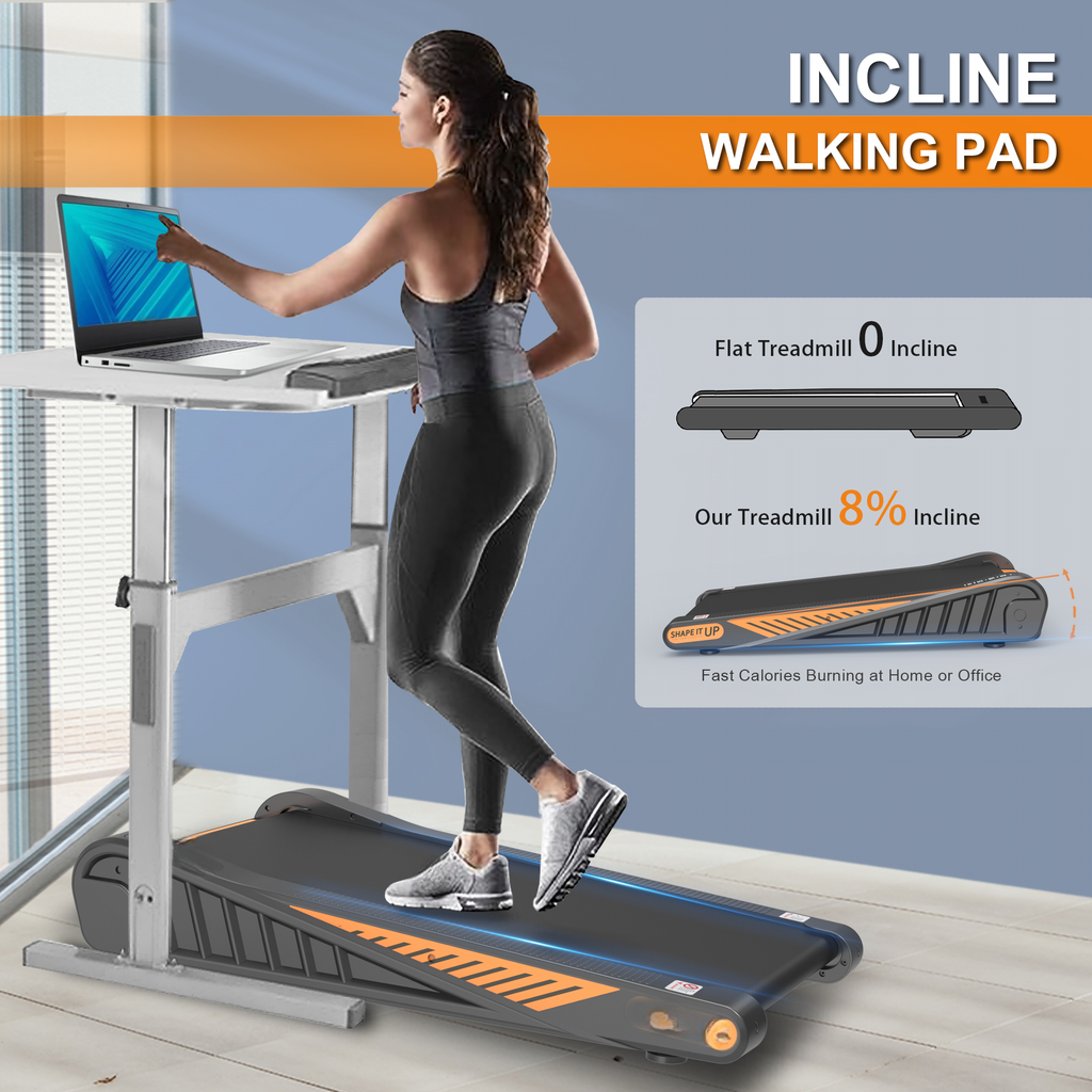 Incline walking pad treadmill with adjustable standing desk and laptop for home workouts