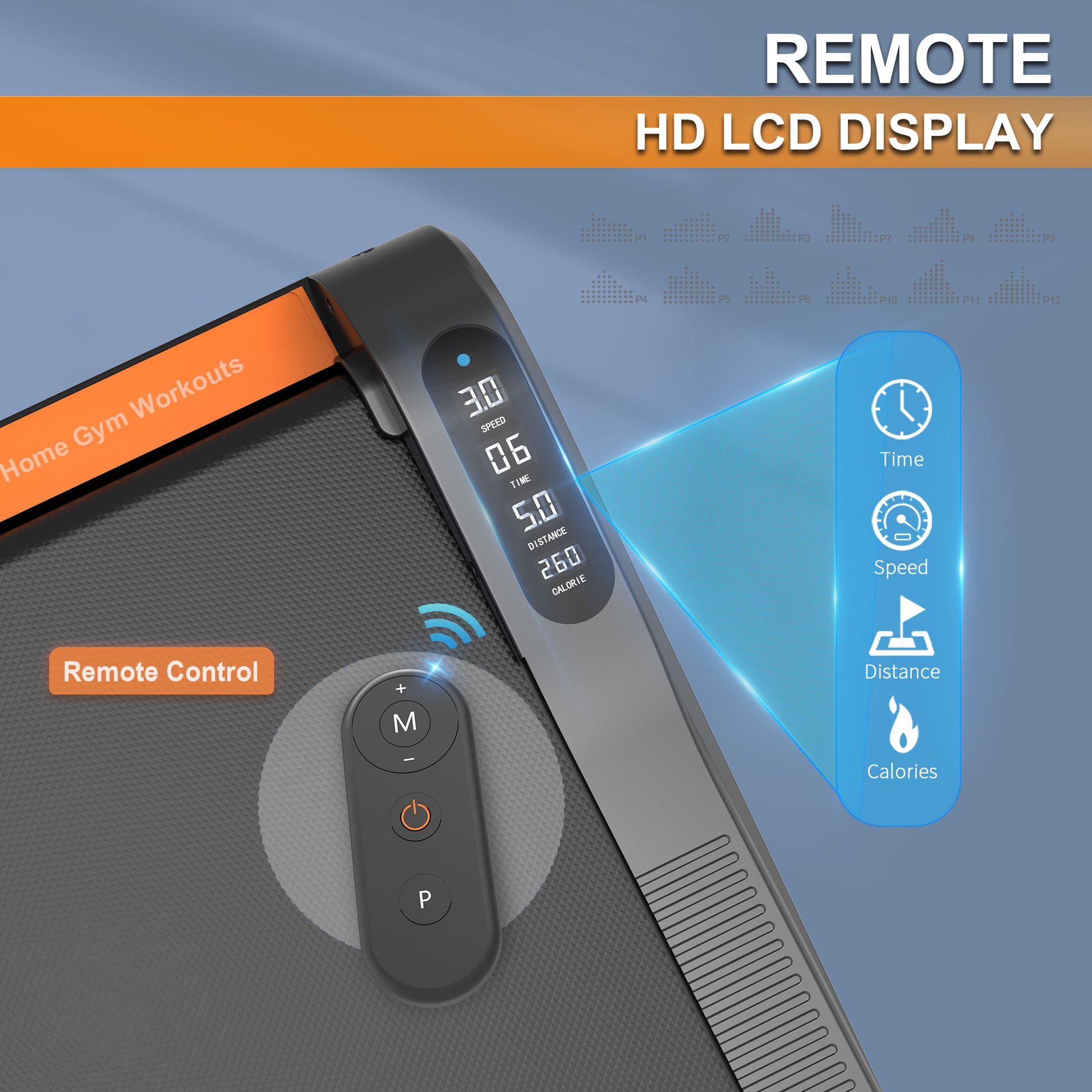 Gray remote control with power and mode buttons for treadmill