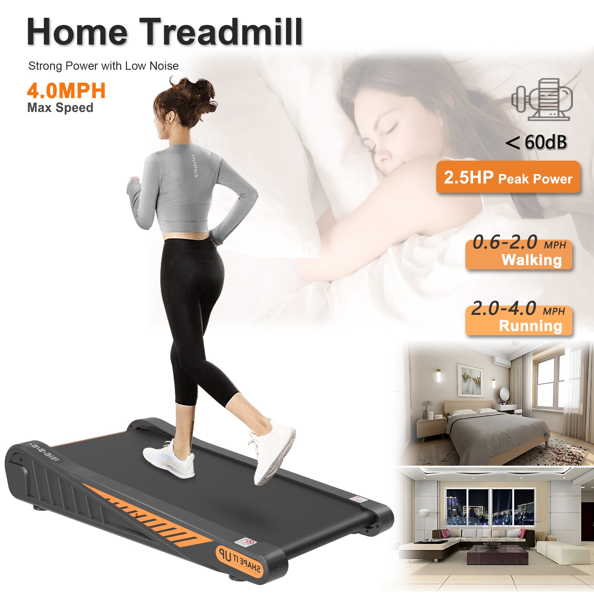 Compact home treadmill with a woman running featuring  MPH max speed
