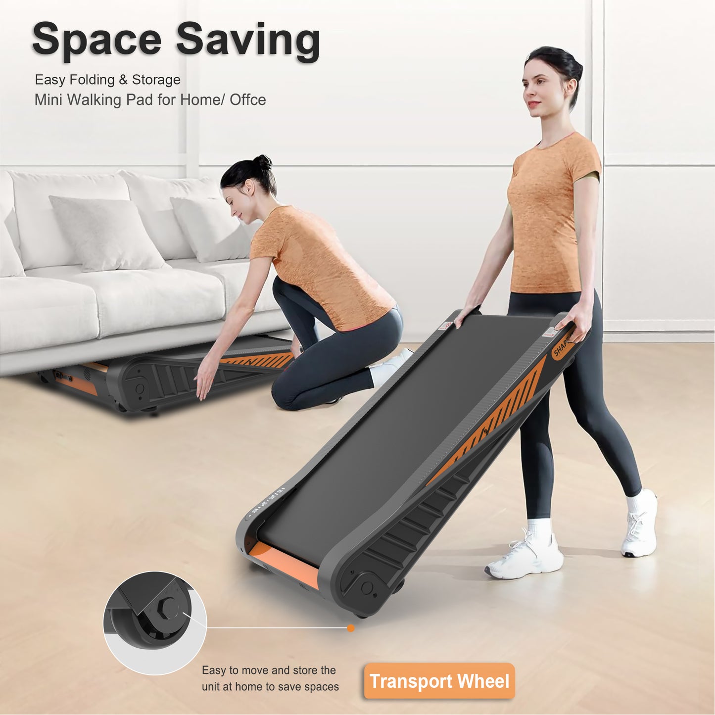 Compact folding walking pad with orange accents designed for home and office use