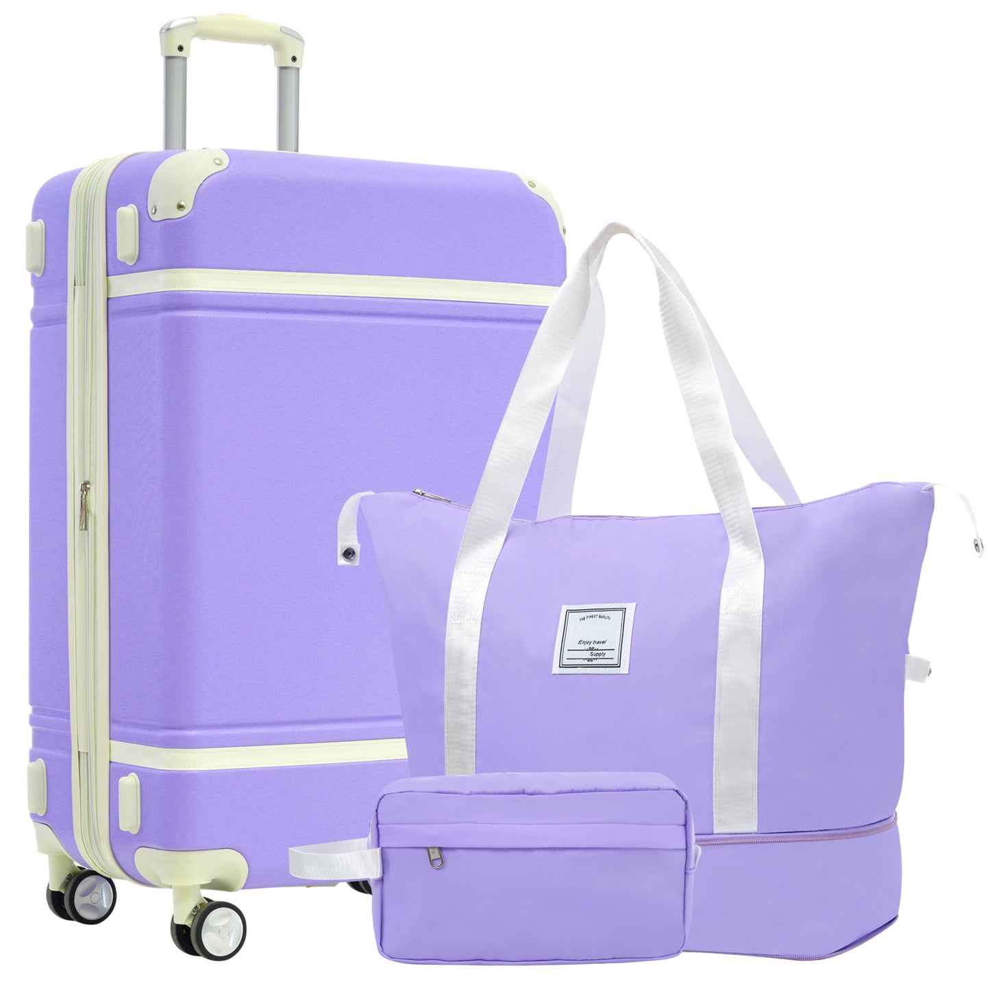Purple wheeled travel luggage set with a matching duffel bag and toiletry case