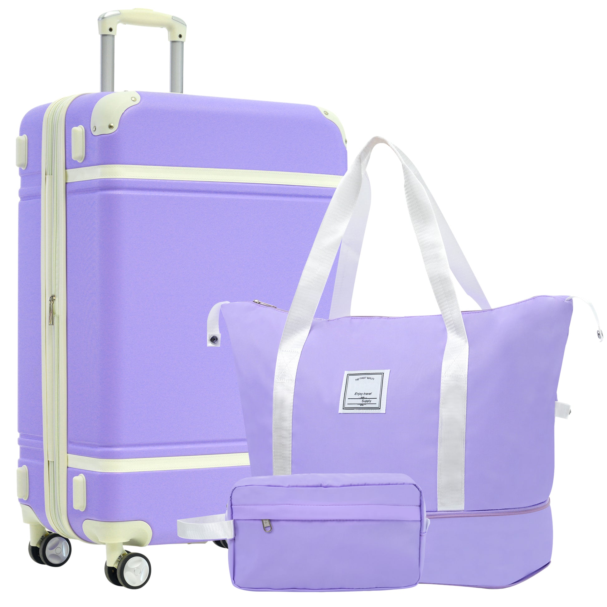 Purple wheeled travel luggage set with a matching duffel bag and toiletry case
