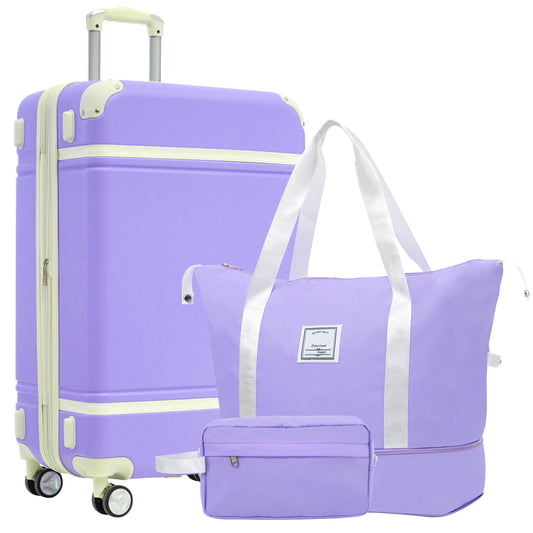 Purple wheeled travel luggage set with a matching duffel bag and toiletry case
