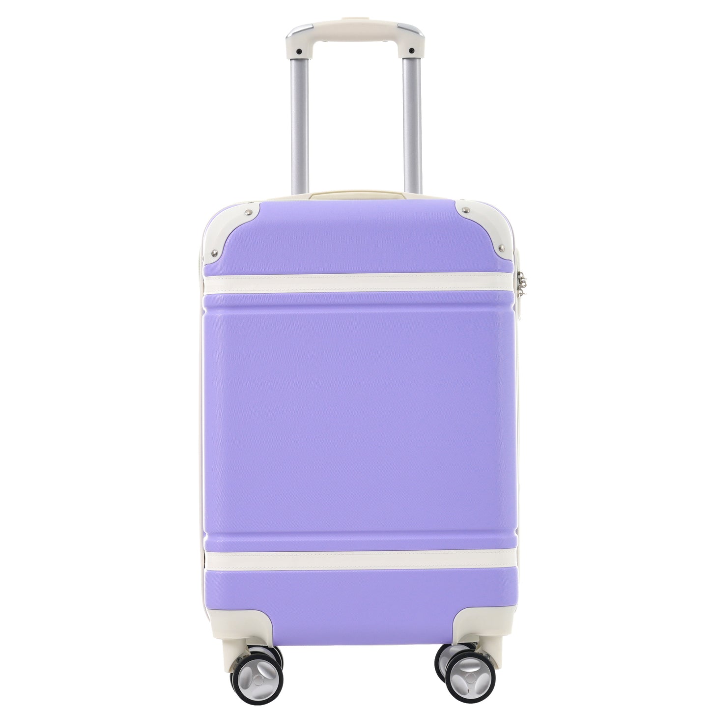 Purple hardshell carryon suitcase with white accents and spinner wheels