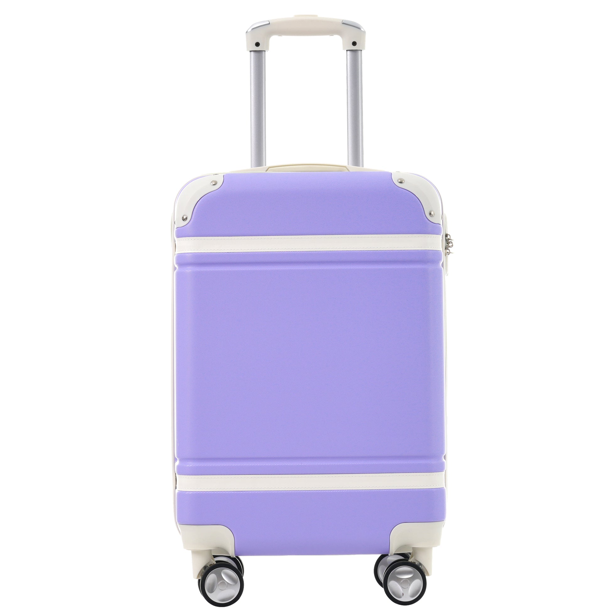 Purple hardshell carryon suitcase with white accents and spinner wheels