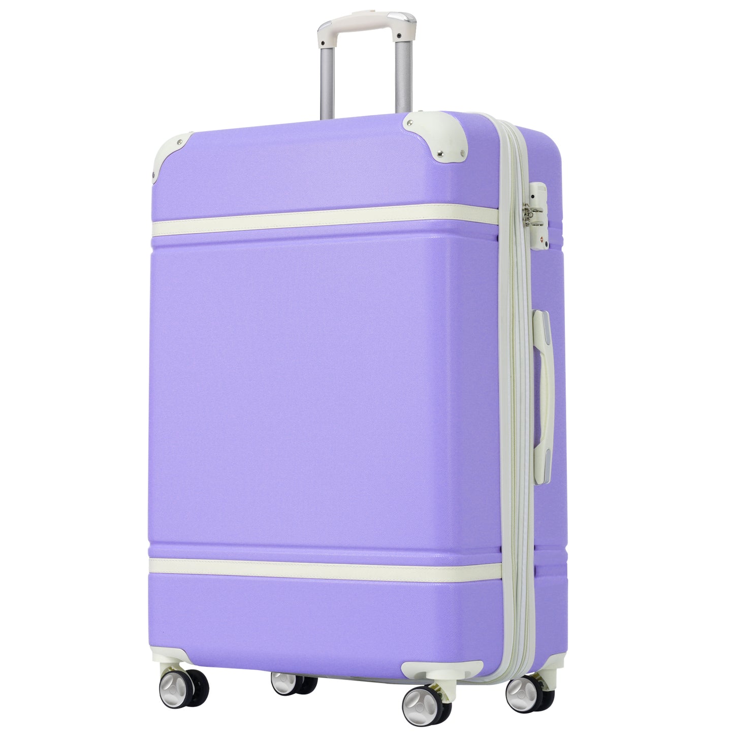 Purple hardshell spinner suitcase with cream accents and TSA lock